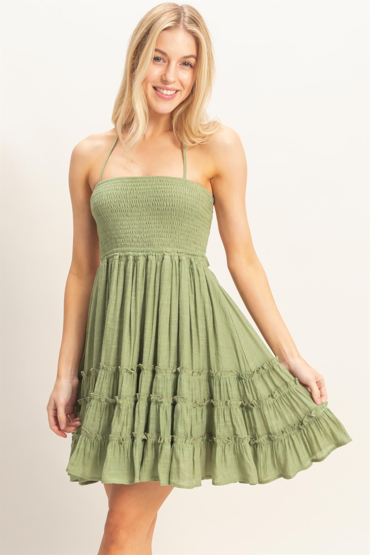 Wholesale Smocked Tiered Midi Dress Dresses HF26C299-D LIGHT OLIVE HYFVE