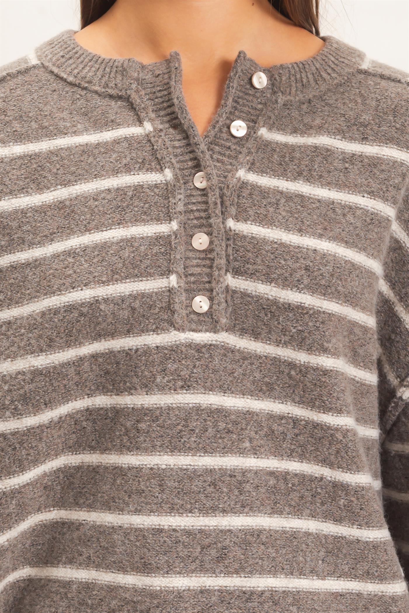 Wholesale Stripe Henley Sweater Sweaters DZ26F002 ASH BROWN DOUBLE ZERO