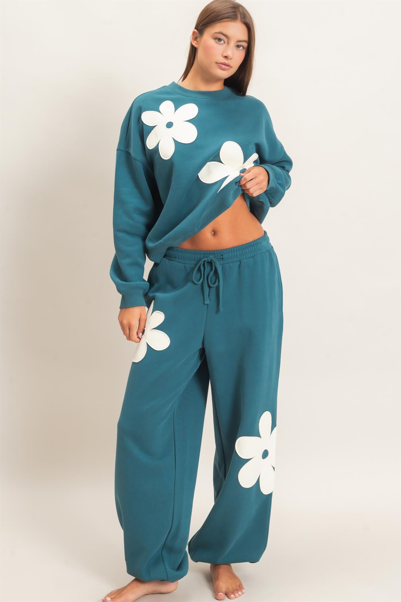 Wholesale Floral Applique Drawstring Jogger Pants Joggers DZ26F308 DARK TEAL DOUBLE ZERO