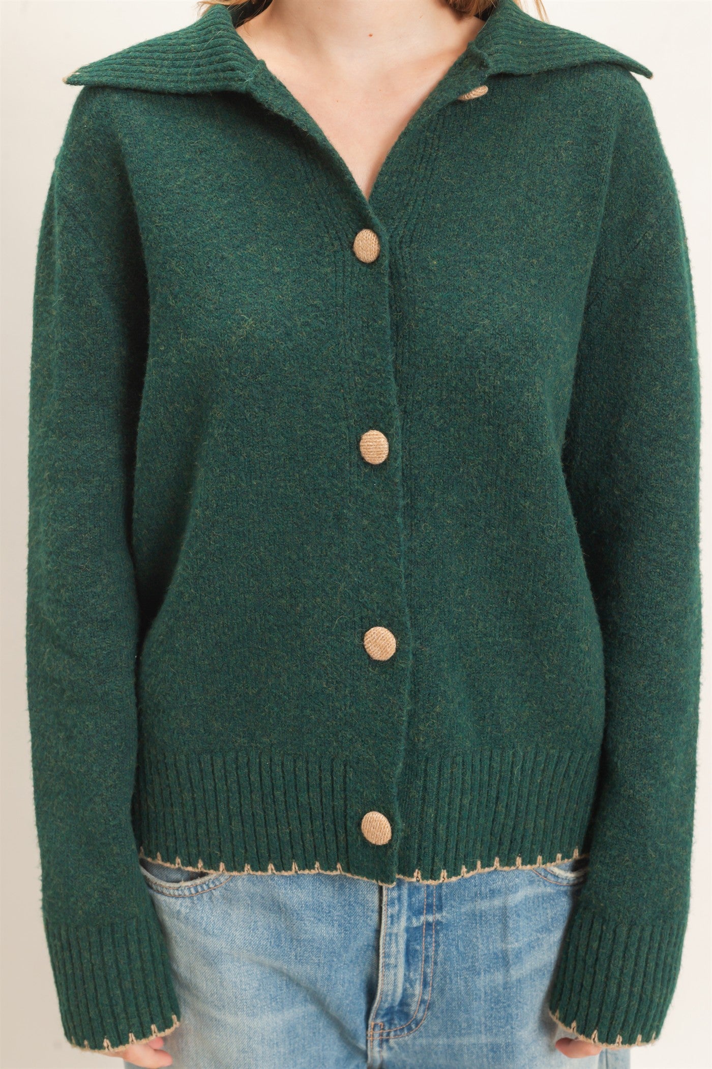 Wholesale Blanket Stitch Collared Cardigan Cardigans HF26F356 DEEP GREEN HYFVE