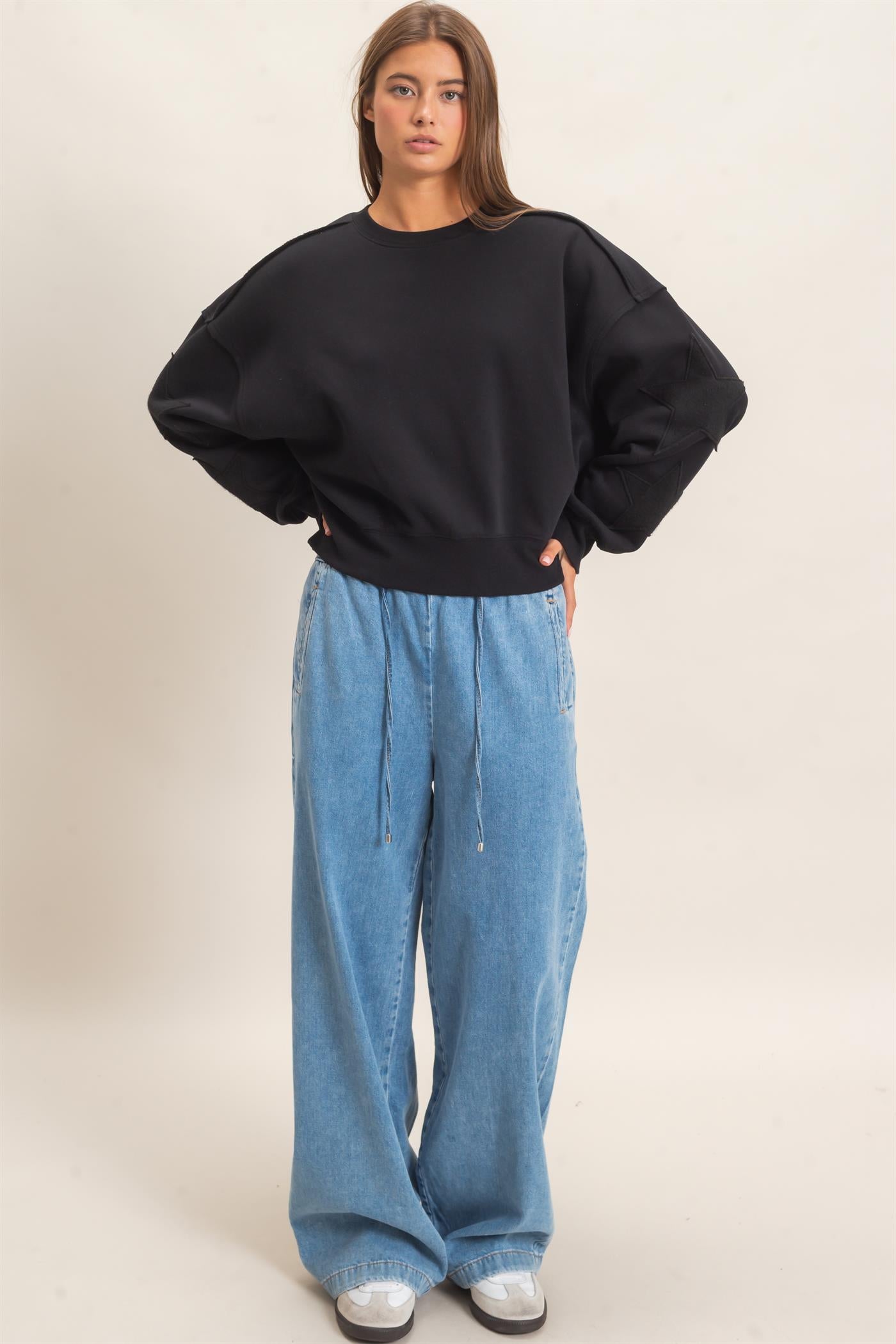 Wholesale Star Patch Sleeve Sweatshirt Sweatshirts DZ26E888 BLACK DOUBLE ZERO