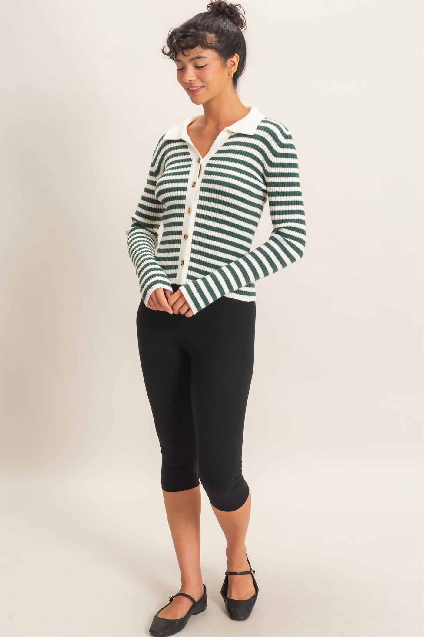 Wholesale Ribbed Striped Polo Knit Top Clothing Tops DZ26E099 DARK GREEN DOUBLE ZERO