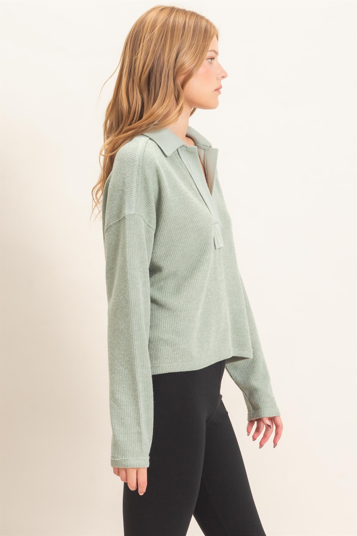 Wholesale Ribbed Collared Pullover Top Clothing Tops HF26E472 SAGE HYFVE