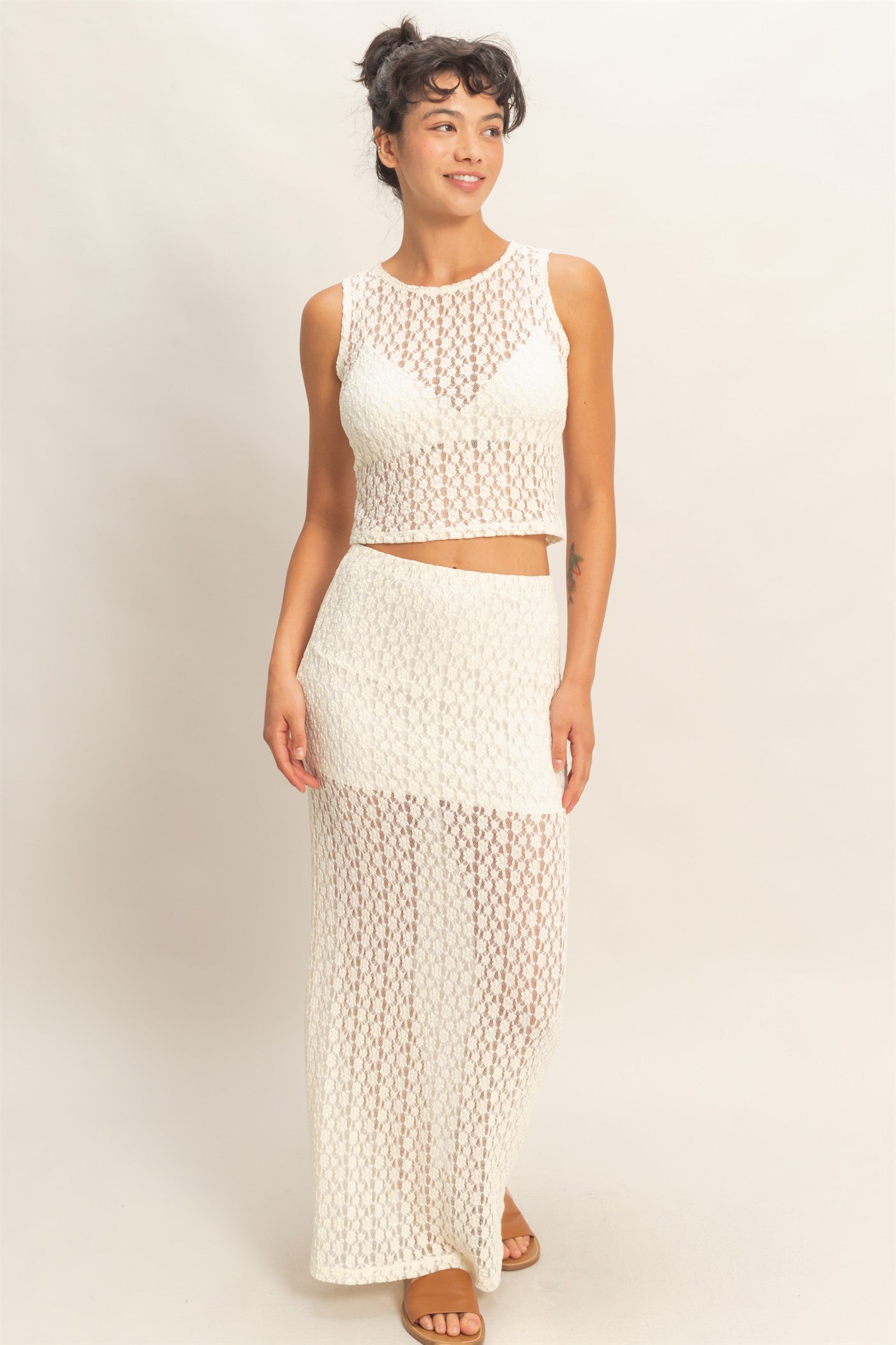 Wholesale Round Neck Lace Top & Lace Maxi Skirt Set Clothing DZ26C670-SET CREAM DOUBLE ZERO