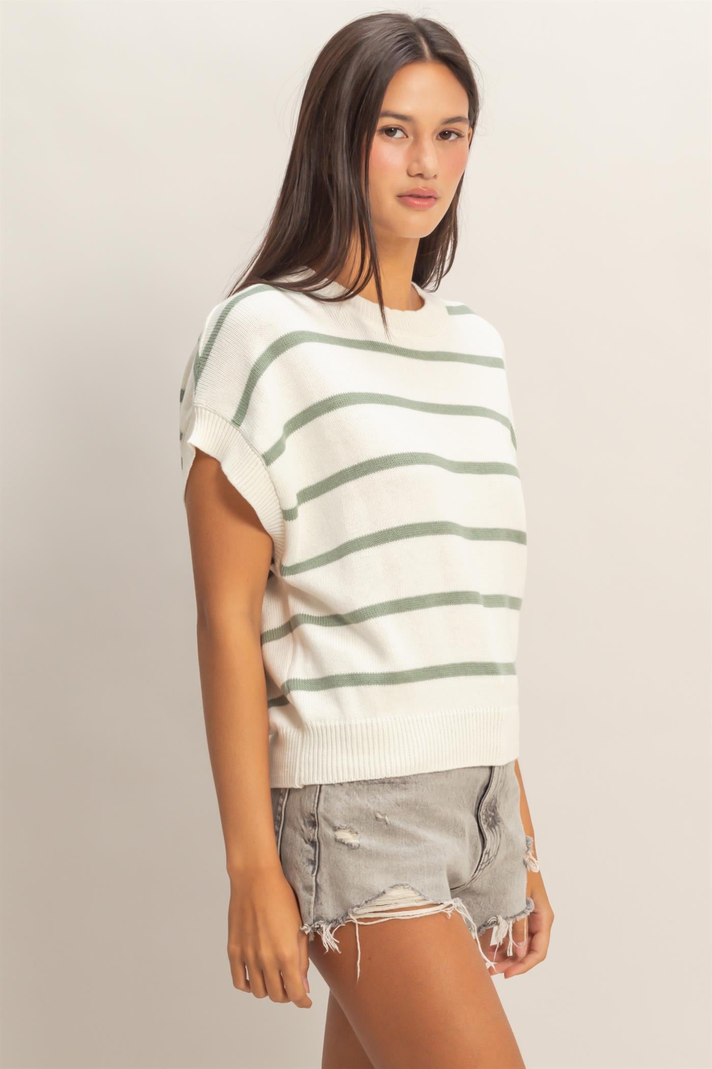 Wholesale Striped Crew Neck Knit Top Clothing Tops DZ26A740 SAGE GREEN DOUBLE ZERO