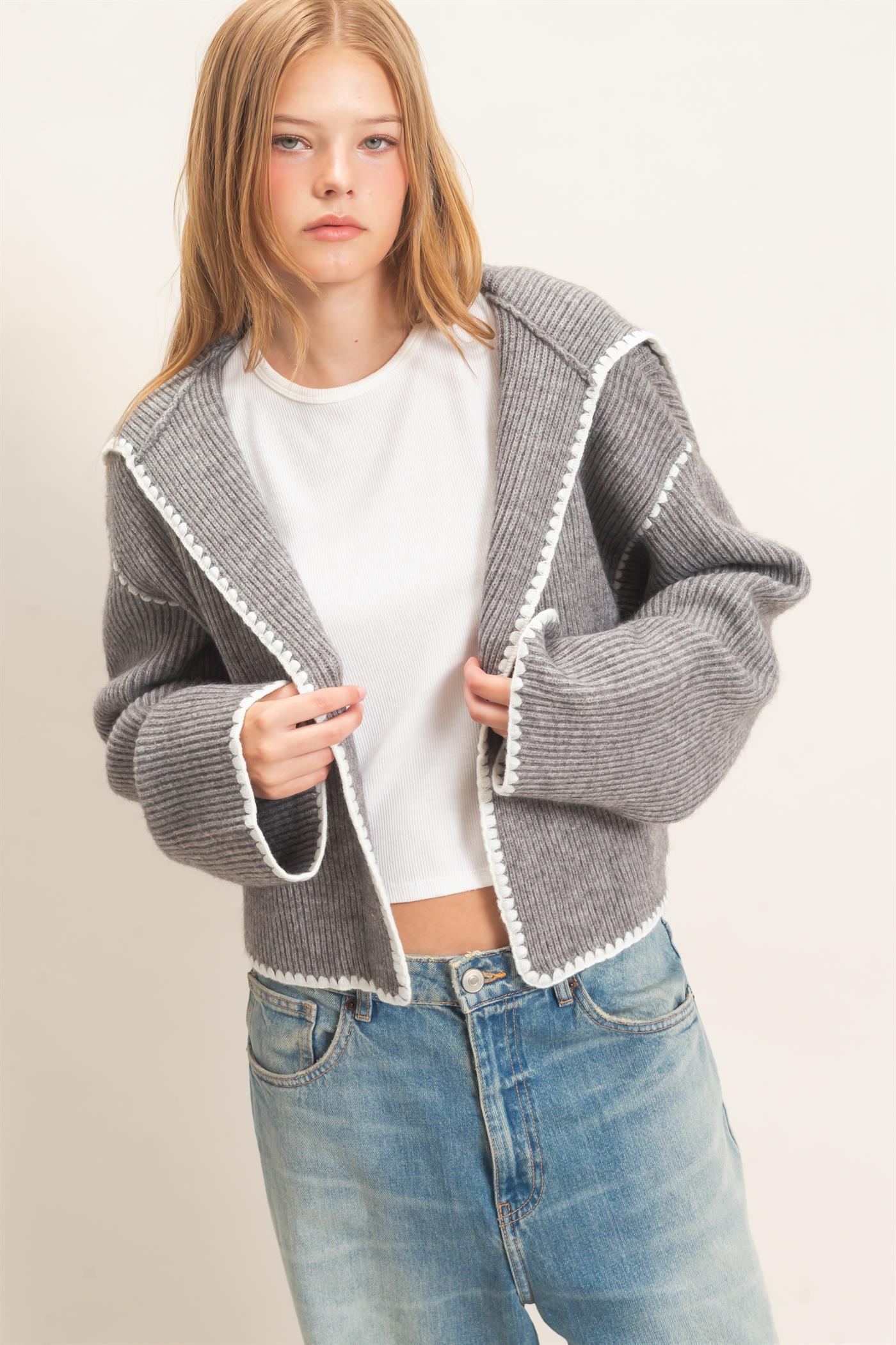 Wholesale Collared Cardigan Sweater With Picot Trim Cardigans HF26E897 GRAY HYFVE