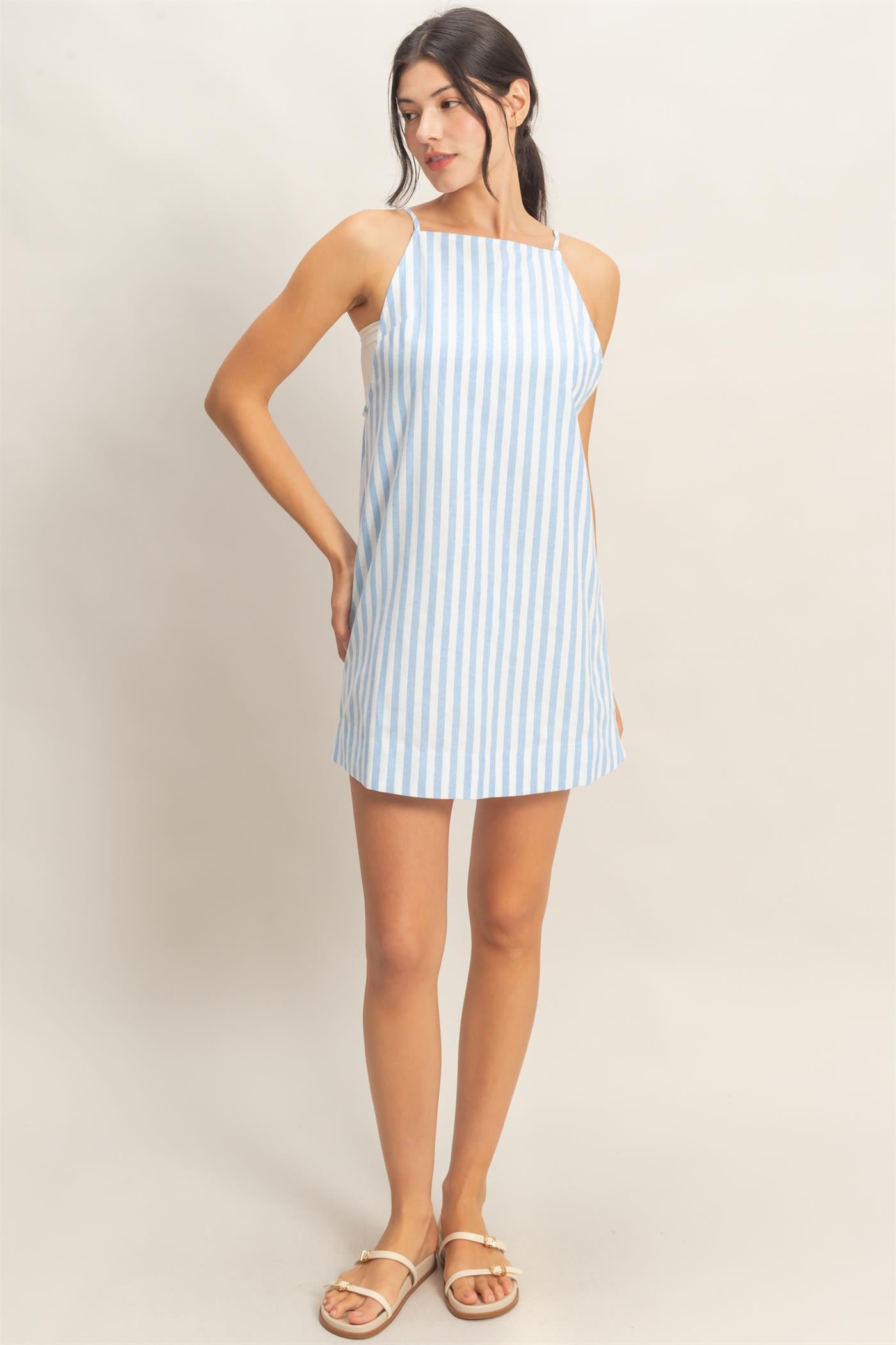 Wholesale Striped Straight Neck Mini Dress Dresses HF26C080 BLUE HYFVE
