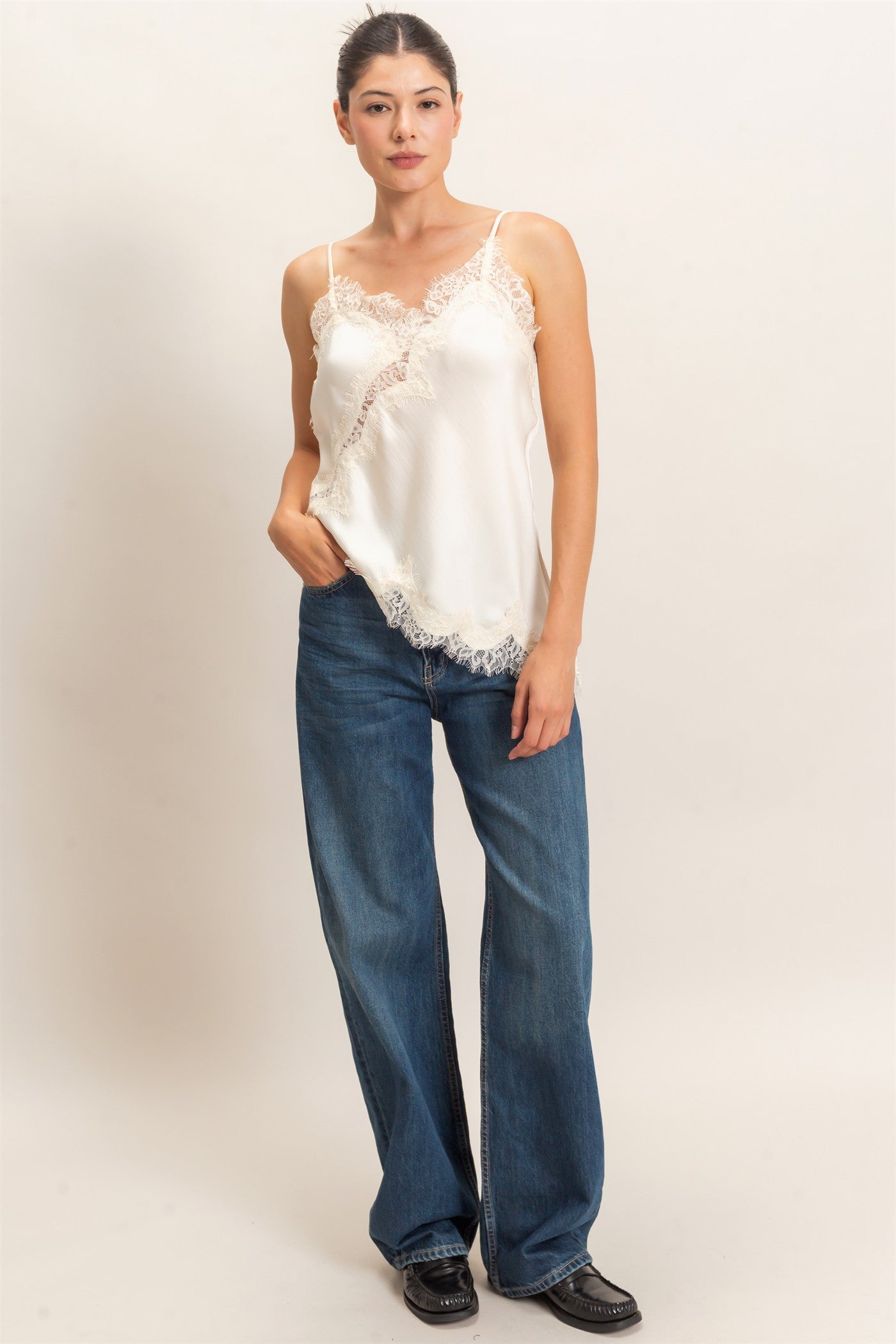 Wholesale Asymmetrical Satin Lace Top Camisoles HF26C945-D CREAM HYFVE