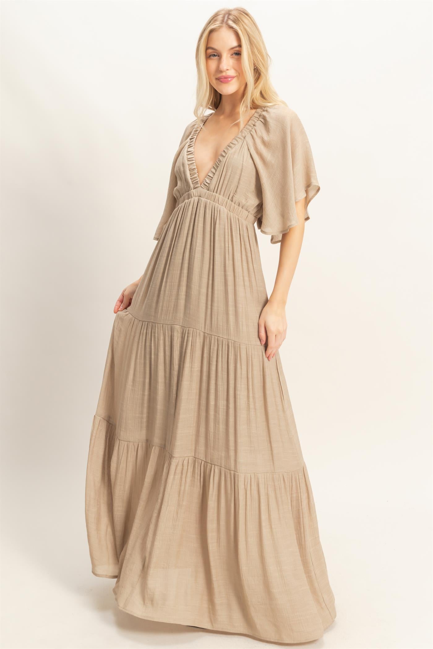 Wholesale Flutter Sleeve Maxi Dress Dresses HF26C285-D TAUPE HYFVE