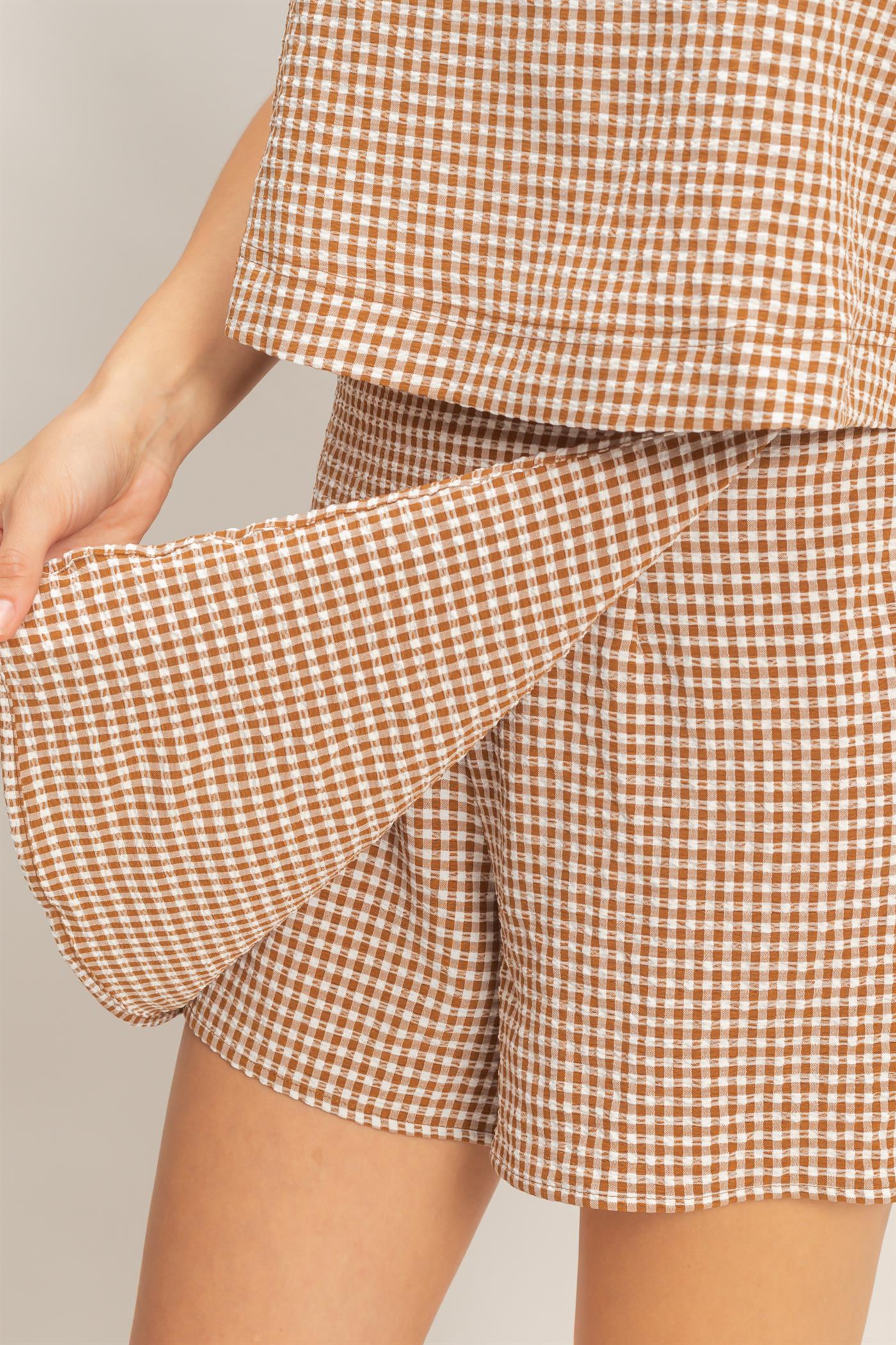 Wholesale Gingham Checkered Sleeveless Top And Skort Set Clothing DZ26C688-SET BROWN DOUBLE ZERO