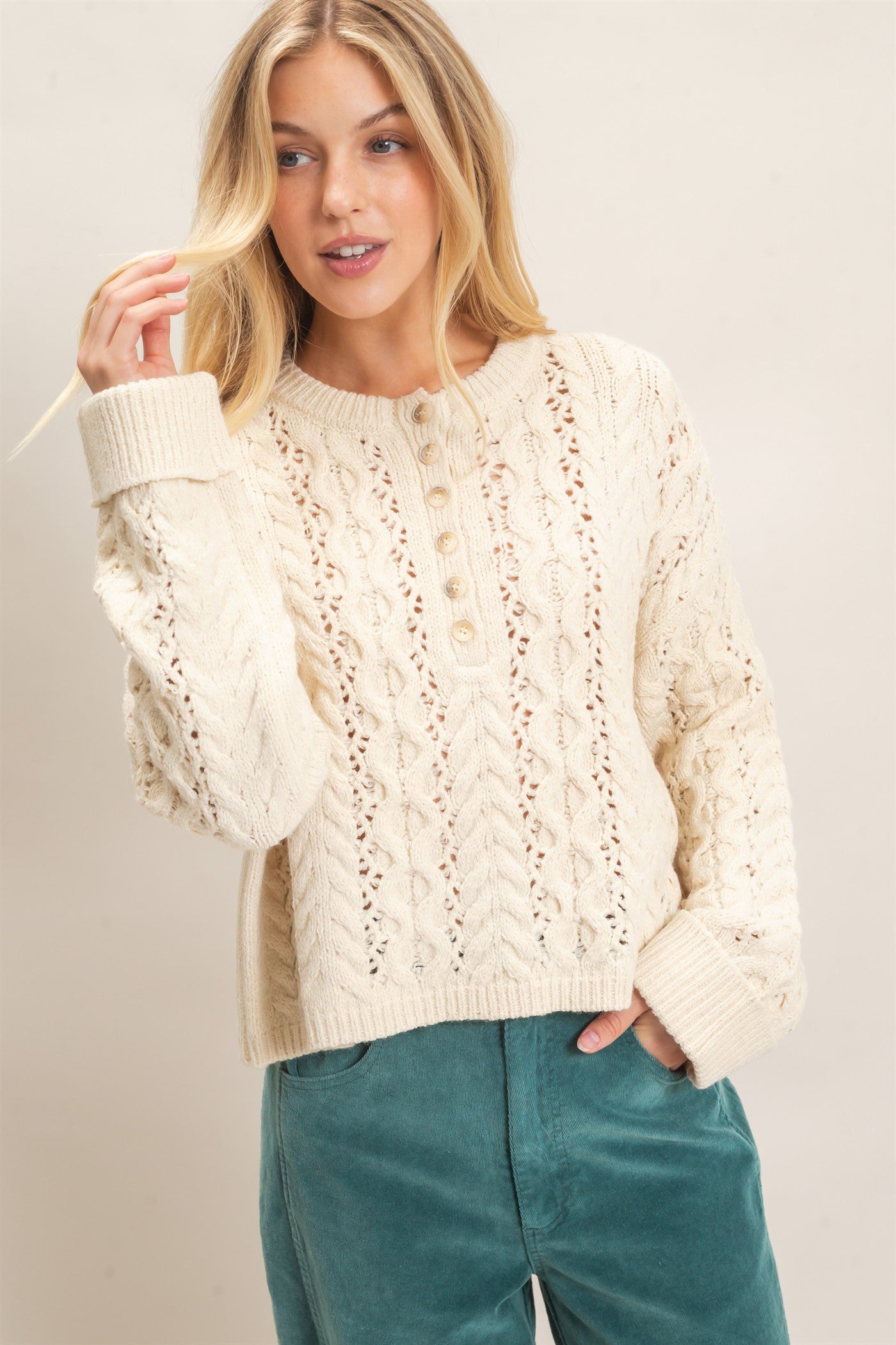 Wholesale Cable Knit Henley Sweaters HF26E552 CREAM HYFVE