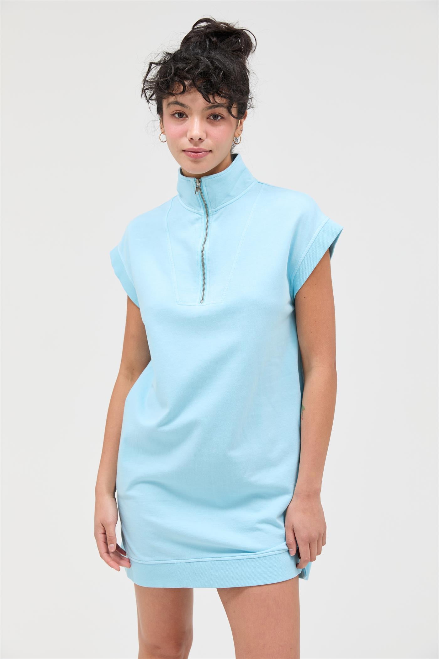 Wholesale Half Zip Up Mock Neck Mini Dress Dresses DZ26A030 BLUE DOUBLE ZERO