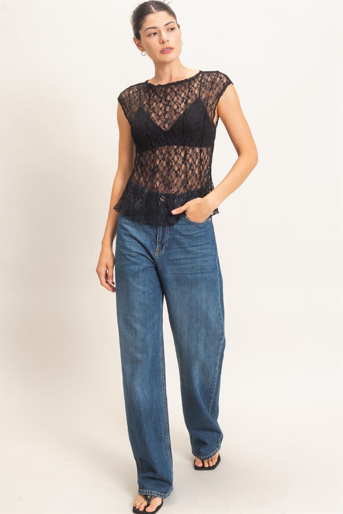 Wholesale Lace Cap Sleeve Top Clothing Tops HF26E672 BLACK HYFVE