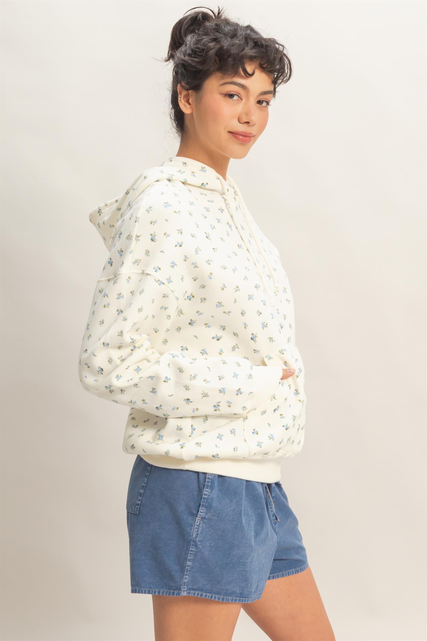 Wholesale Ditsy Floral French Terry Hoodie Sweatshirts DZ26C392 BLUE DOUBLE ZERO