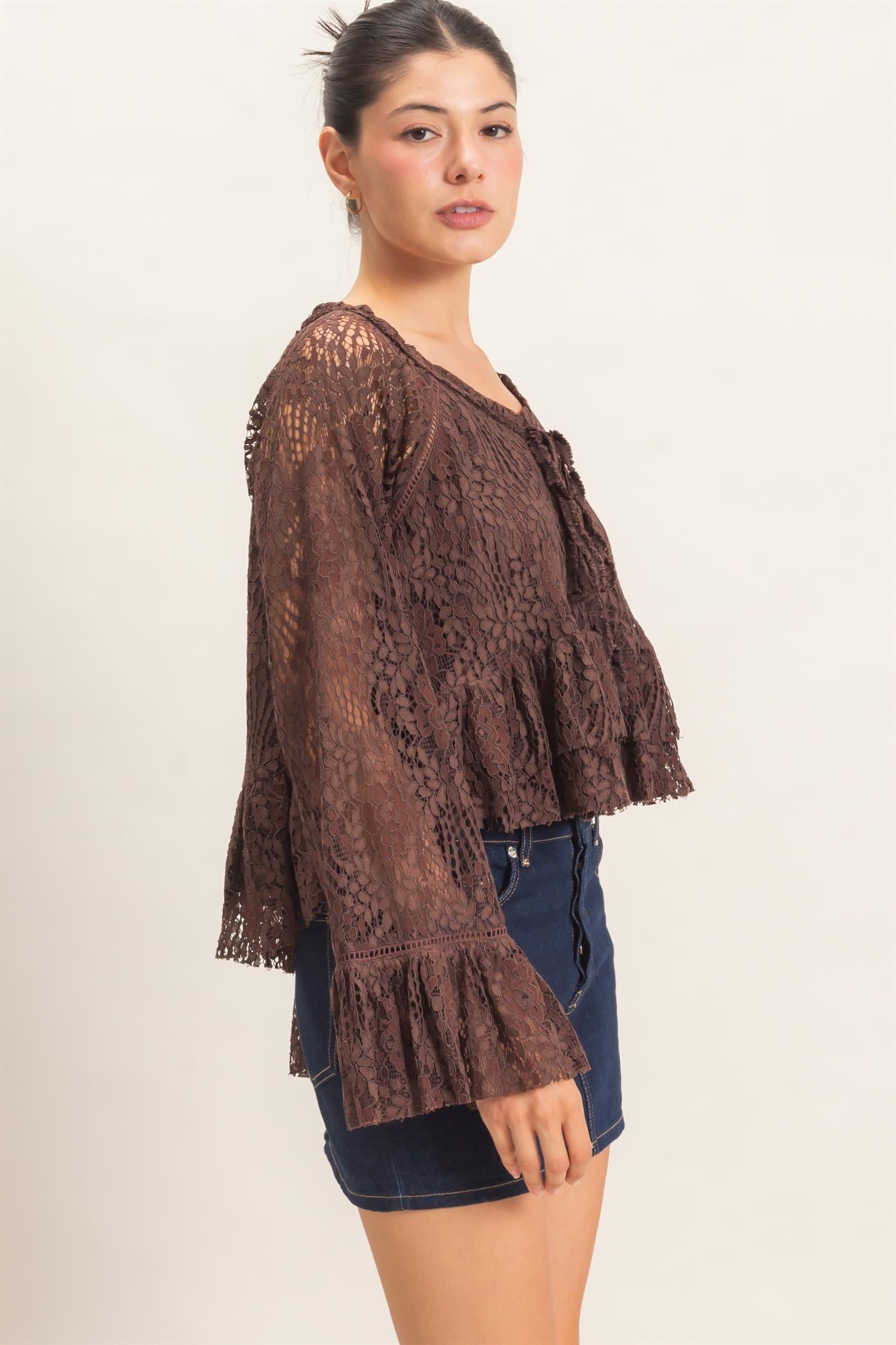 Wholesale Lace Bell Sleeve Top Blouses HF26C768 BROWN HYFVE