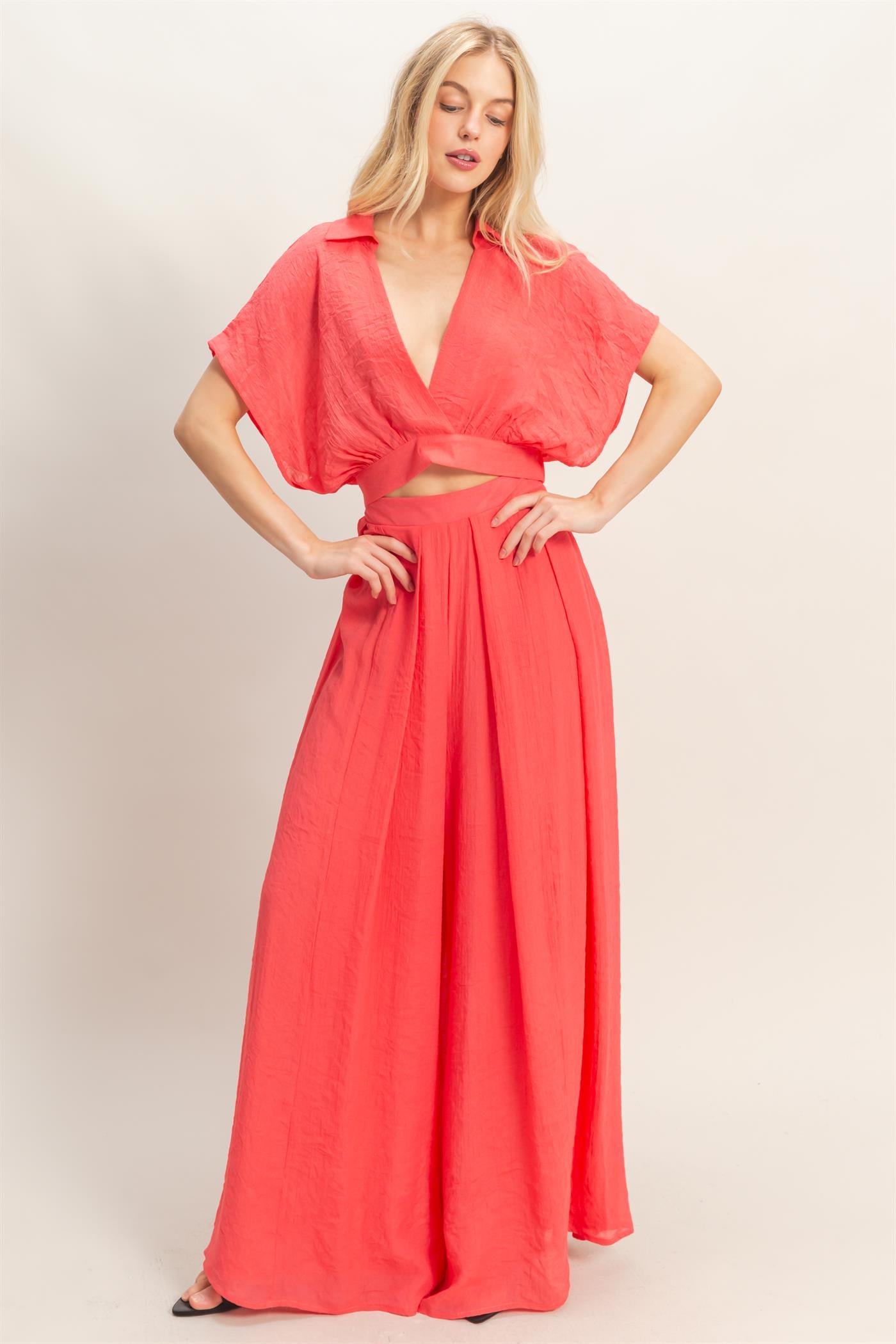 Wholesale Collared Wrap Top & Wide-Leg Pants Set Clothing HF26C286-SET-D CORAL RED HYFVE