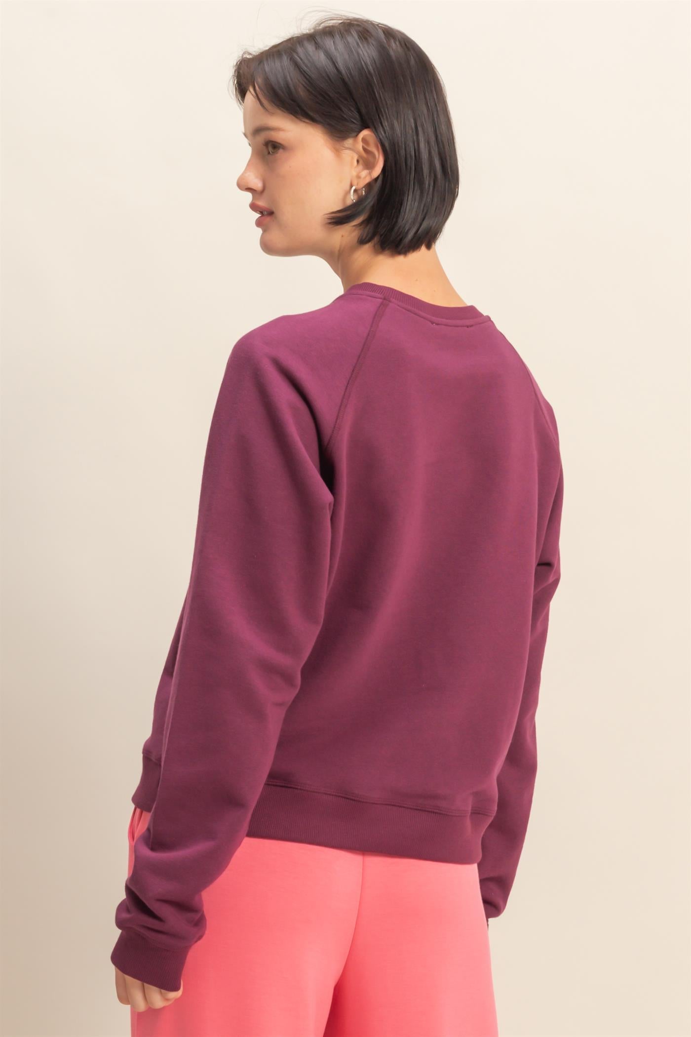 Wholesale Crew Neck Raglan Sleeve Comfy Pullover Sweatshirt Sweatshirts DZ25E237 DARK CHERRY DOUBLE ZERO
