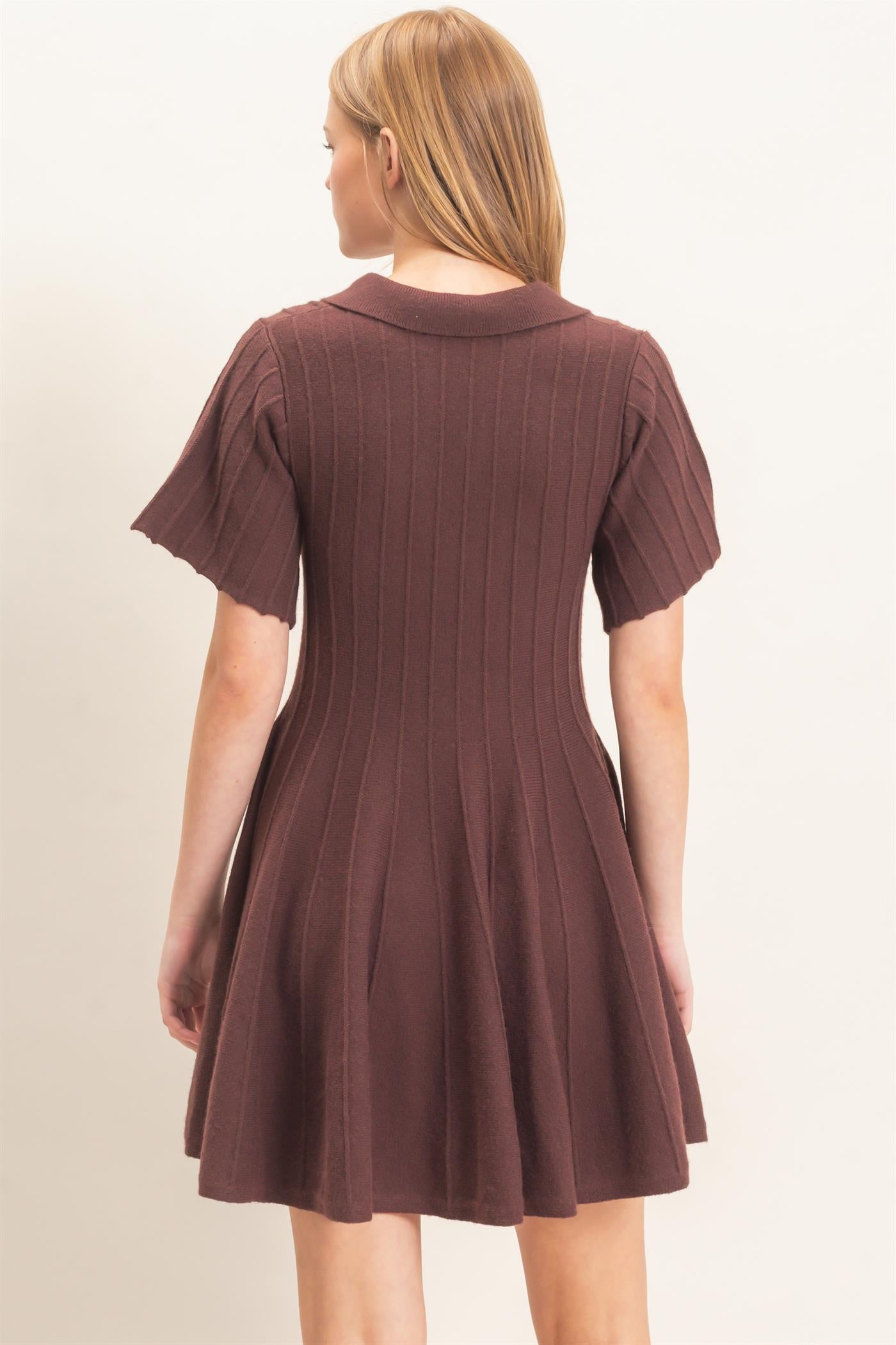 Wholesale Ribbed Knit Collared Dress Dresses HF26E365 CHESTNUT HYFVE