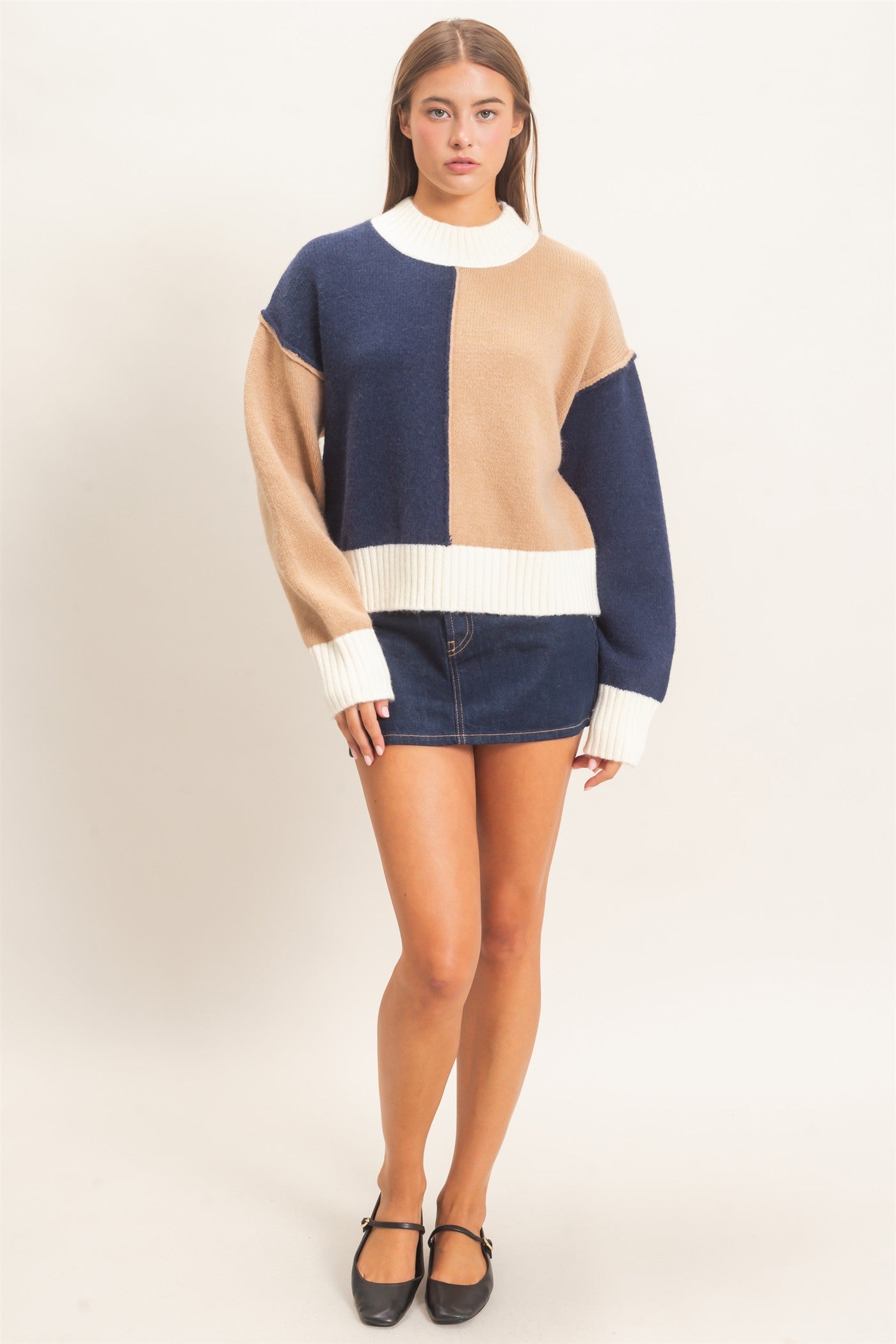 Wholesale Color Block Mock Neck Sweater Sweaters DZ27A211 NAVY DOUBLE ZERO