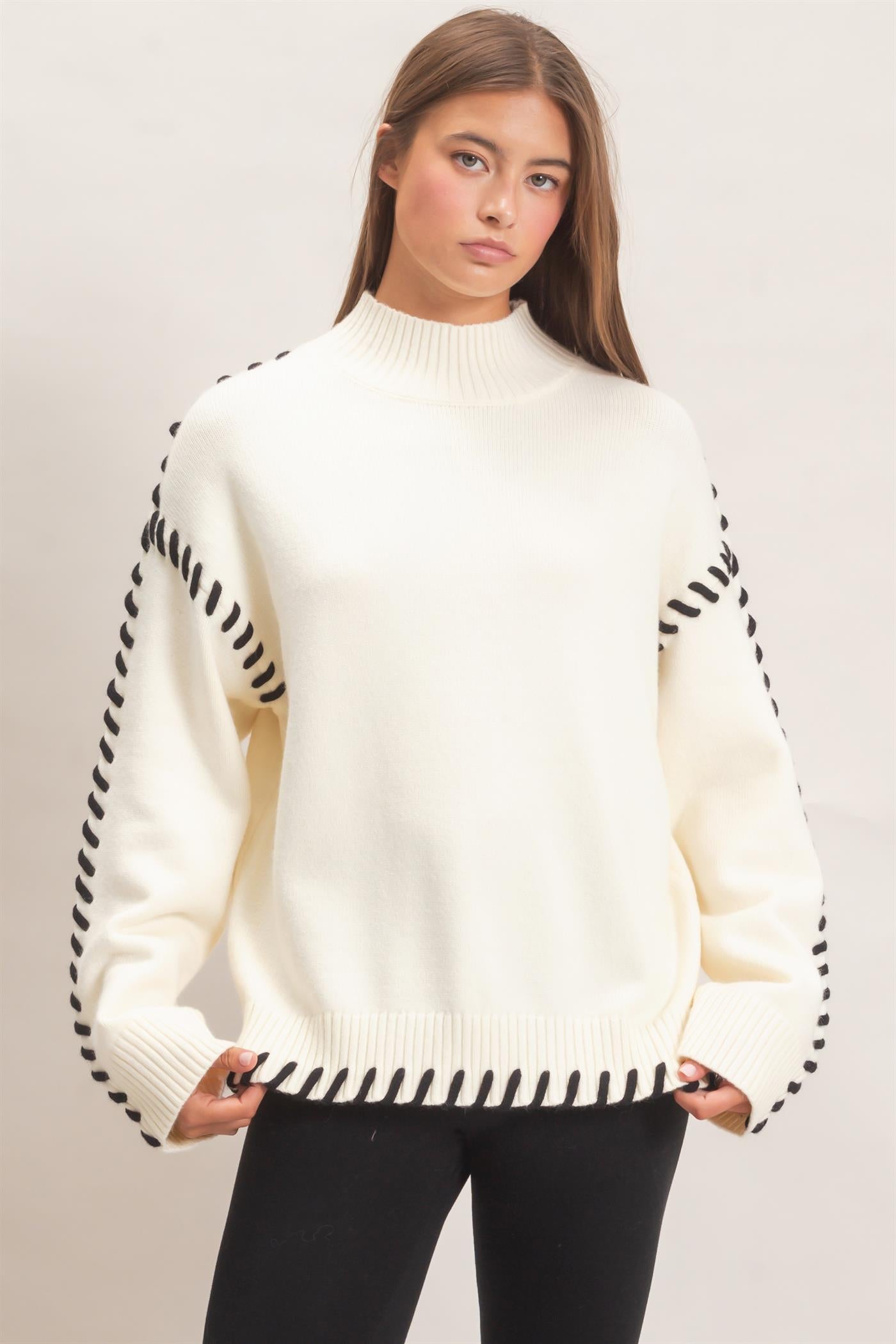 Wholesale Blanket Stitch High Neck Sweater Sweaters DZ27A190 CREAM DOUBLE ZERO