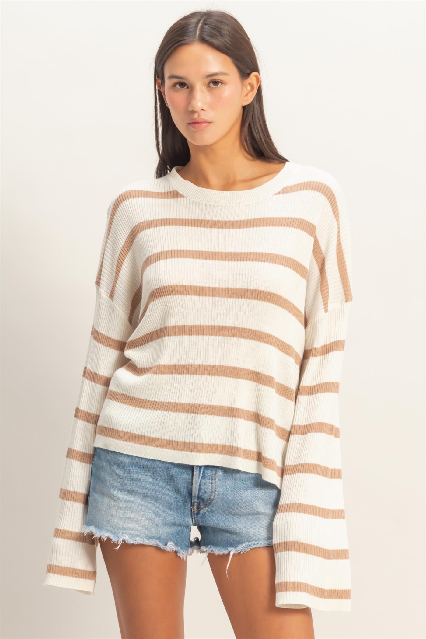 Wholesale Lightweight Wide-Sleeve Striped Sweater Clothing Tops DZ26A329 DARK TAUPE DOUBLE ZERO