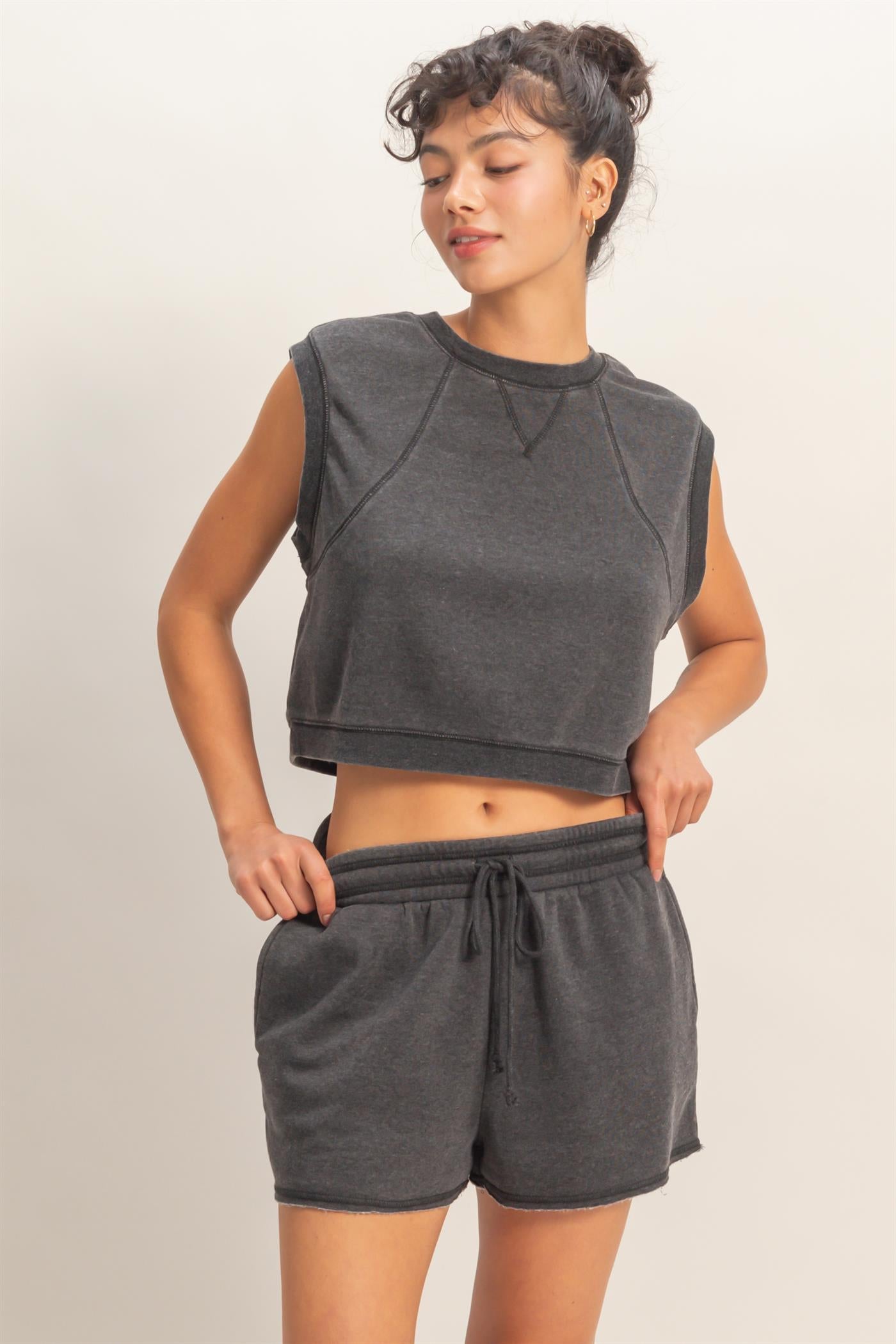 Wholesale Burnout French Terry Sleeveless Top & Shorts Set Clothing Tops DZ26A171-SET BLACK DOUBLE ZERO