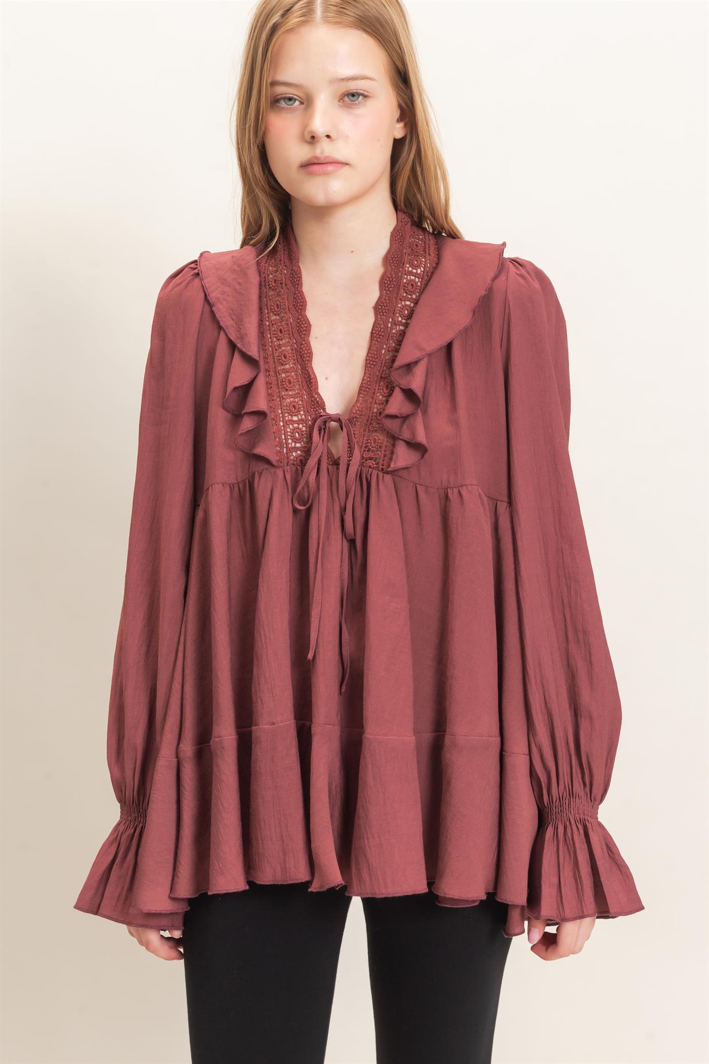 Wholesale Ruffle Lace Tie Neck Blouse Tunics HF26E642 MAROON HYFVE