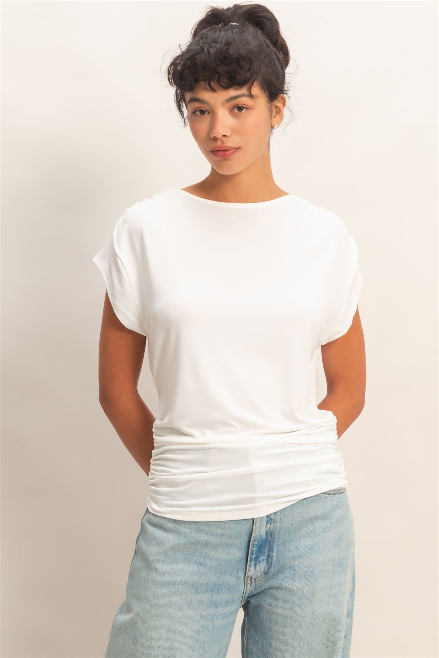 Wholesale Cowl Back Draped Cap Sleeve Top Clothing Tops DZ26C025 WHITE DOUBLE ZERO
