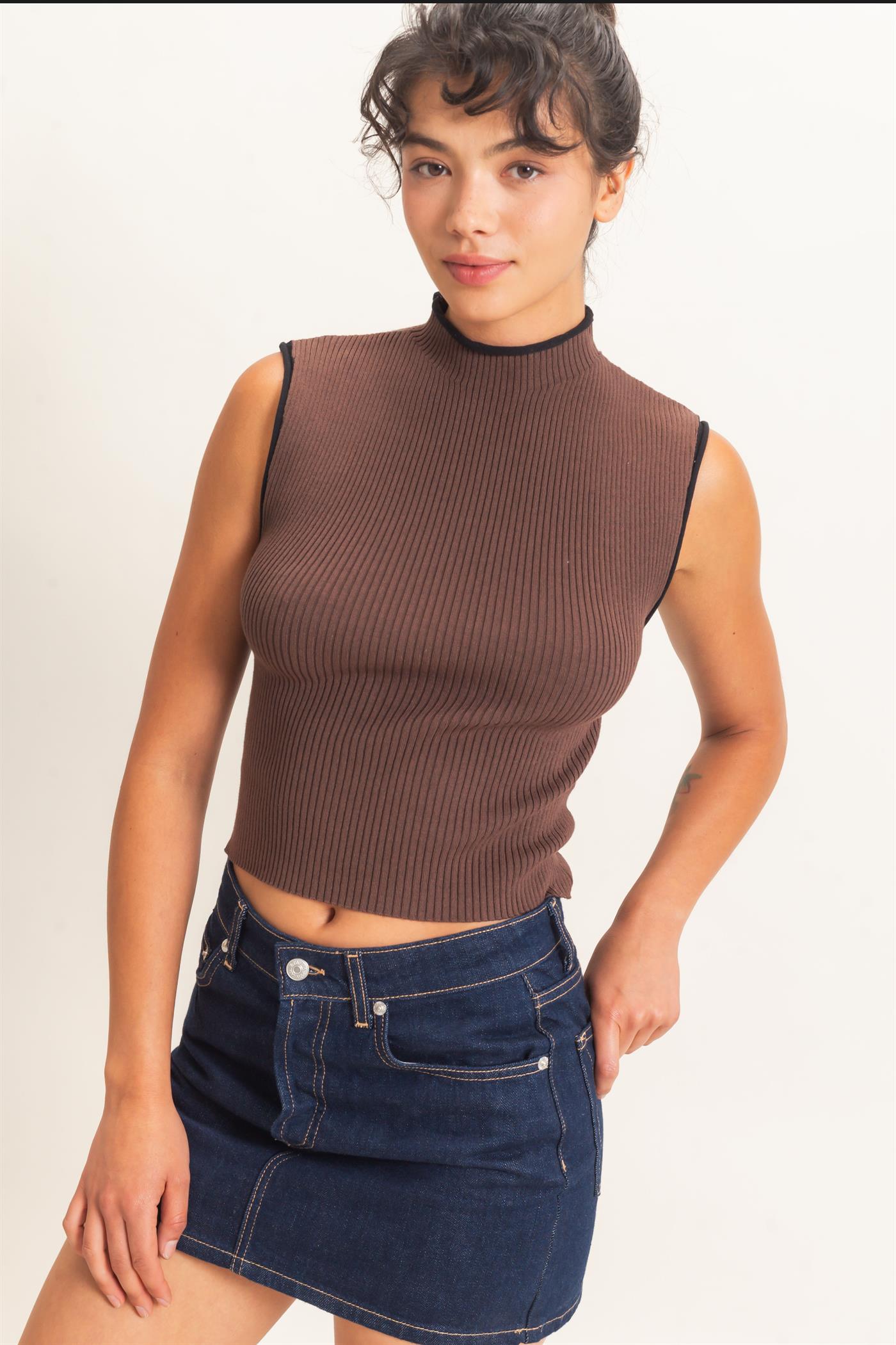 Wholesale Ribbed Mock Neck Sleeveless Top Clothing Tops DZ26E777 DARK BROWN DOUBLE ZERO