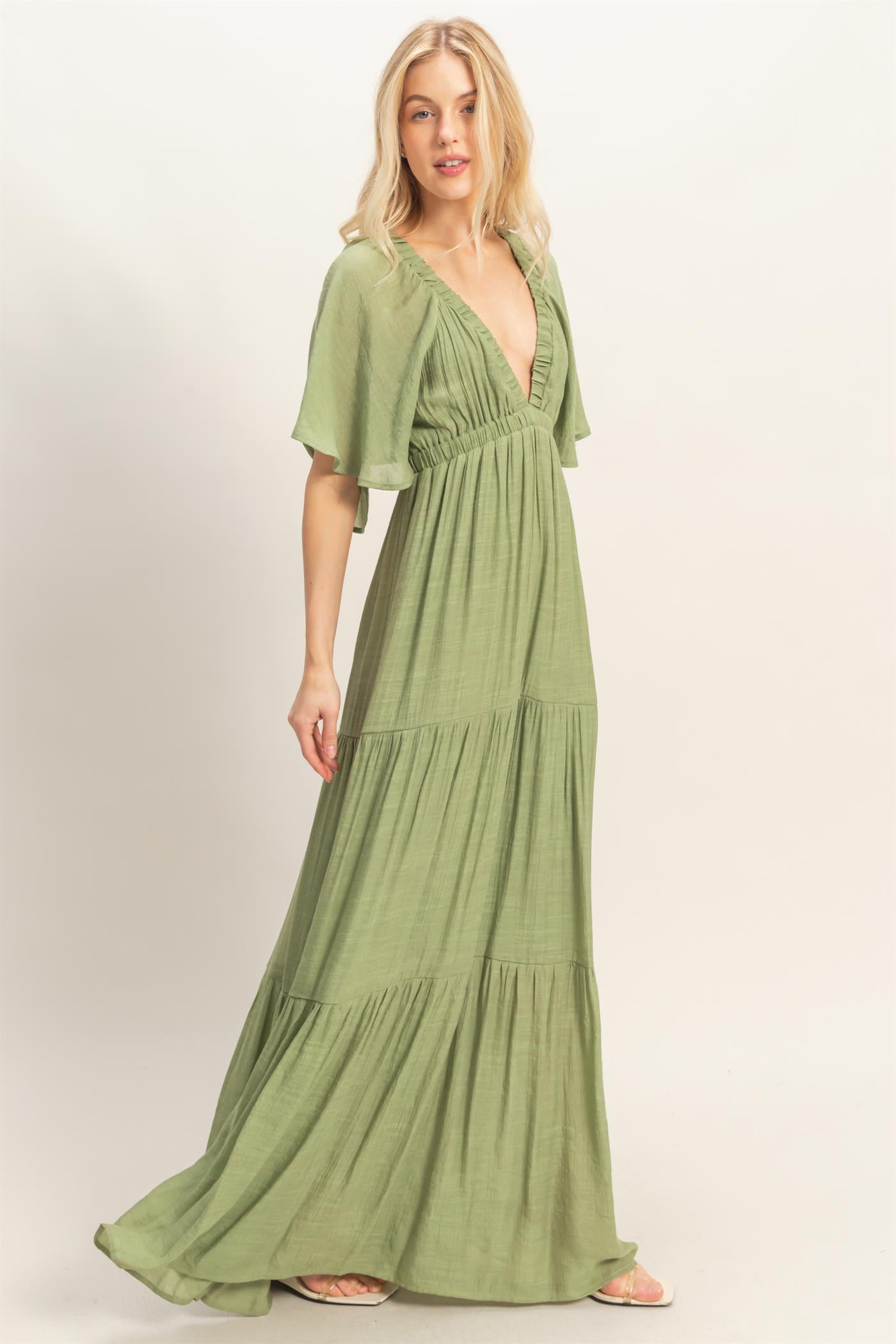 Wholesale Flutter Sleeve Maxi Dress Dresses HF26C285-D LIGHT OLIVE HYFVE