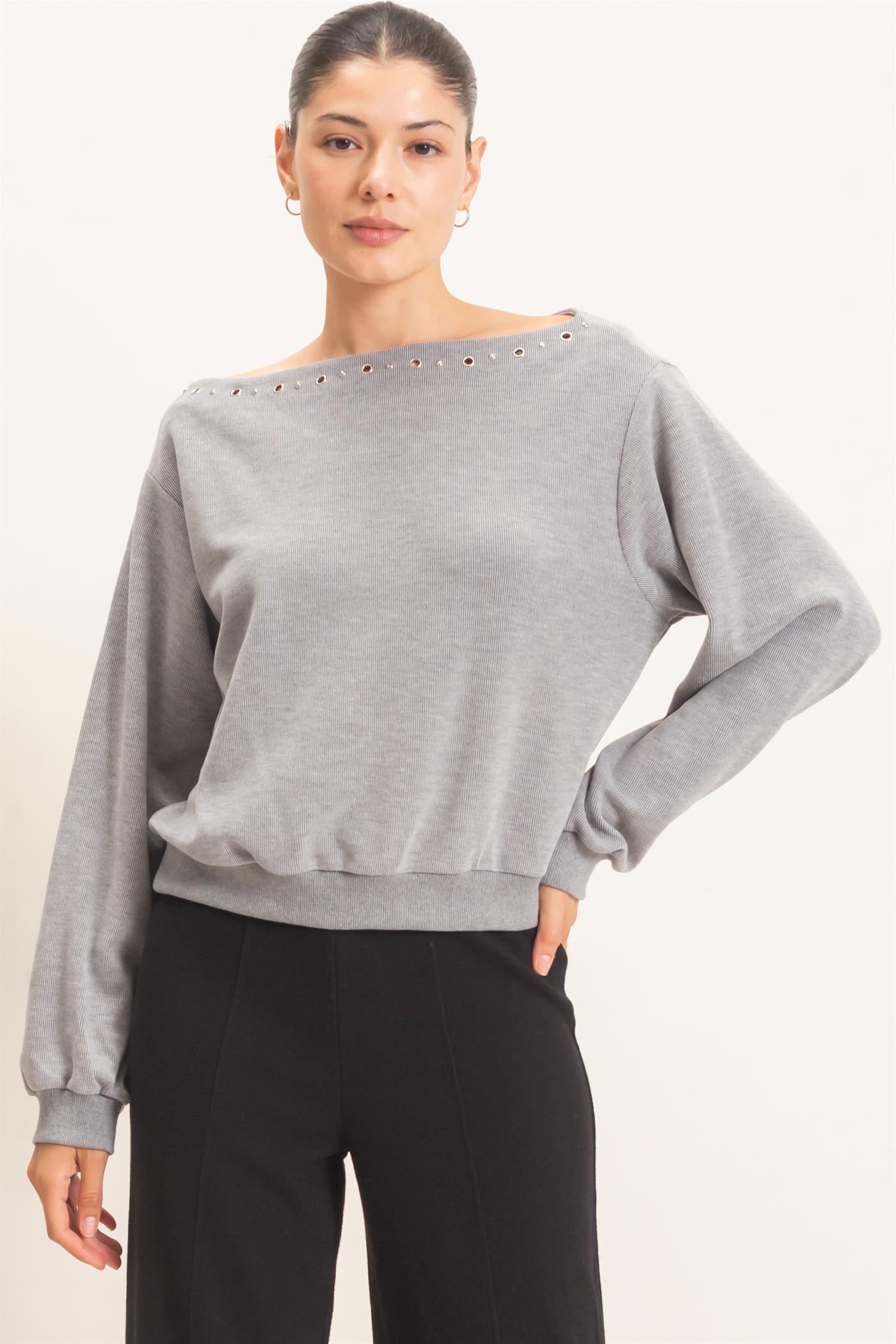 Wholesale Studded Crew Neck Sweatshirt Sweatshirts HF26E545 HEATHER GRAY HYFVE
