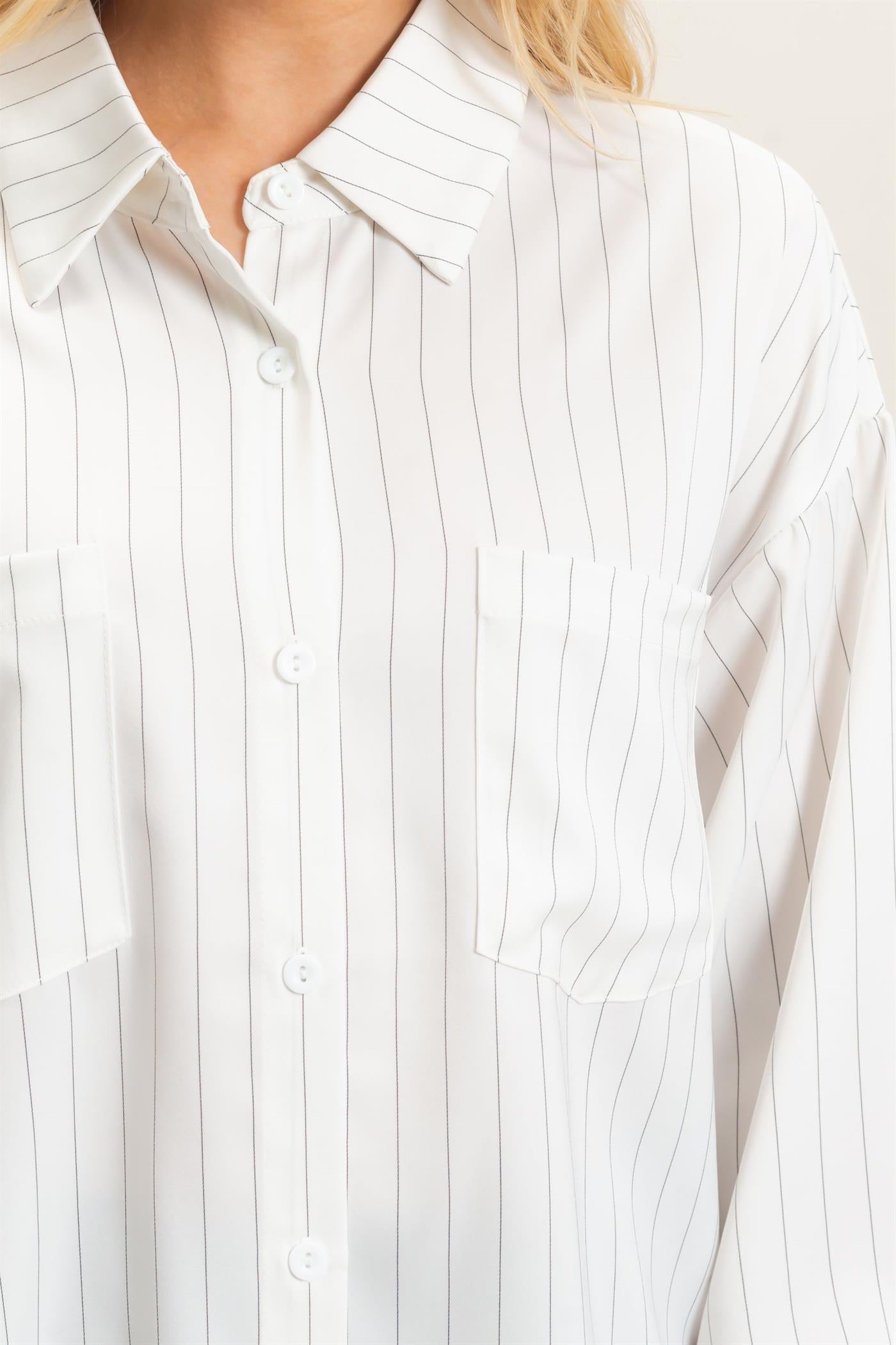 Wholesale Striped Button-Up Blouse Blouses HF26C953 WHITE HYFVE