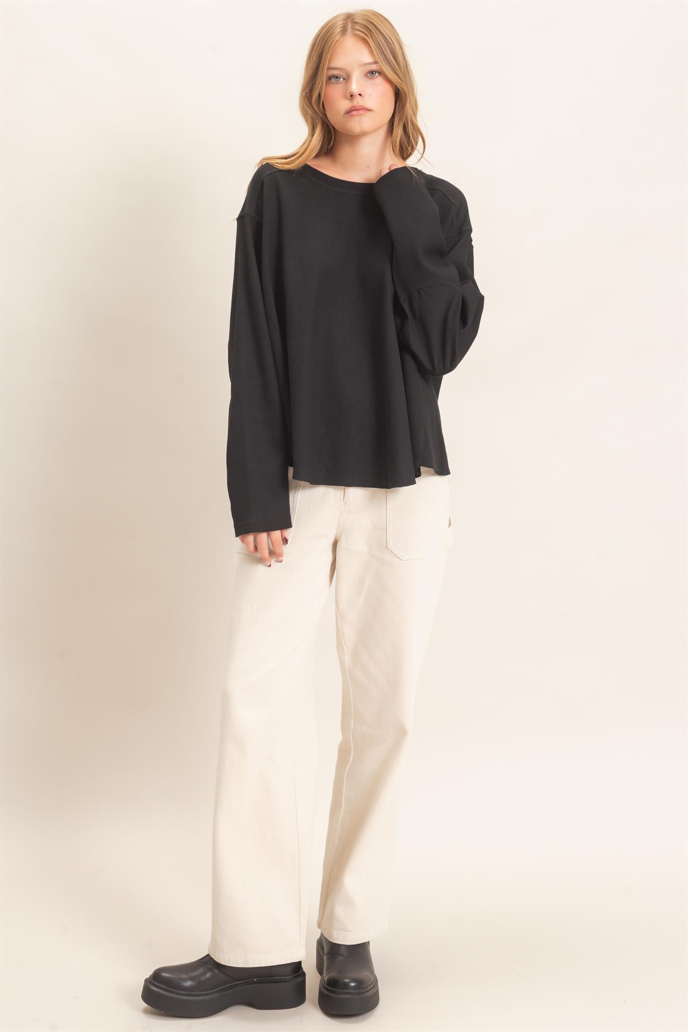 Wholesale Waffle Knit Crew Neck Top Clothing Tops HF26E078 BLACK HYFVE