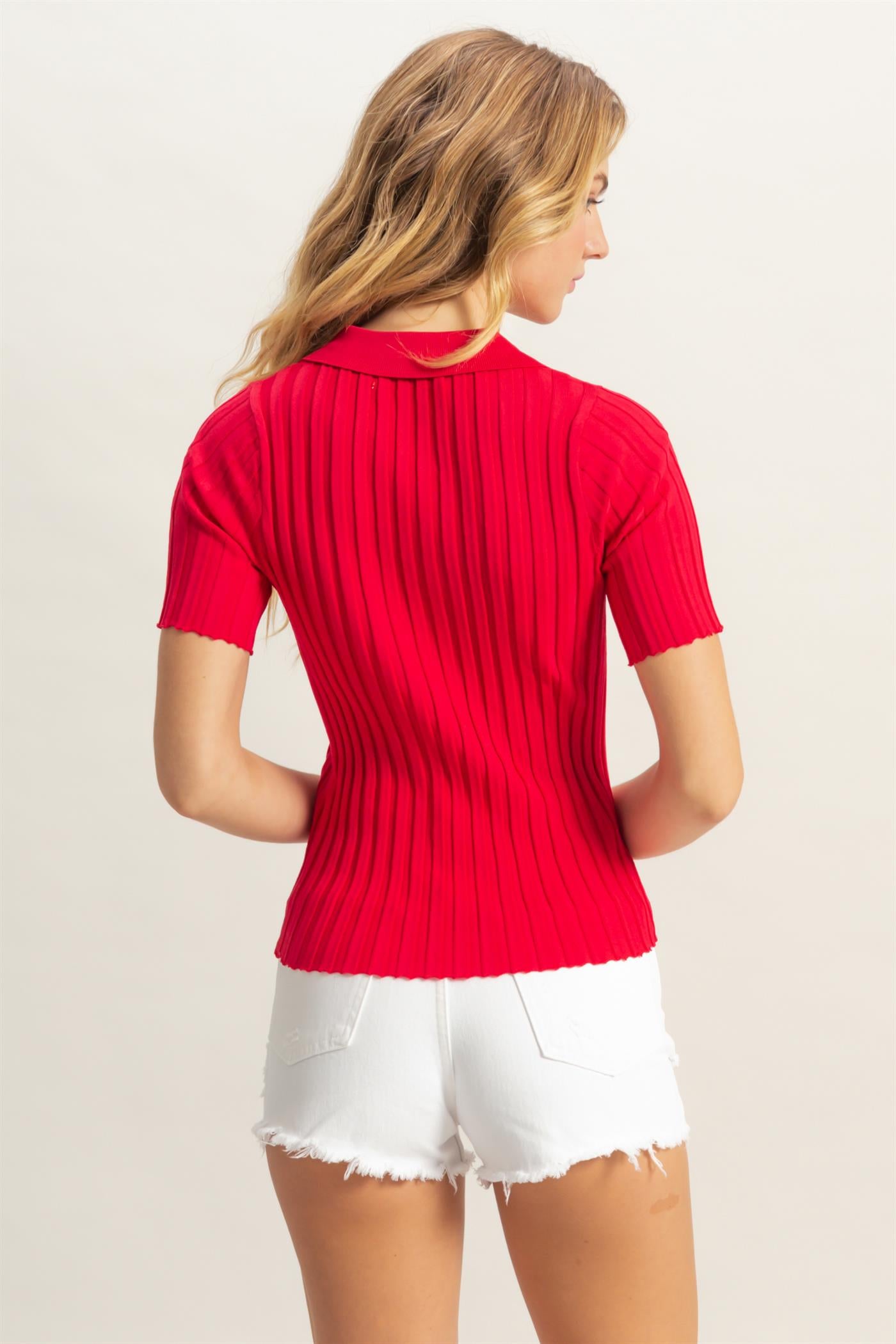 Wholesale Rib Knitted Short Sleeve Polo Top Clothing Tops DZ25C246 RED DOUBLE ZERO