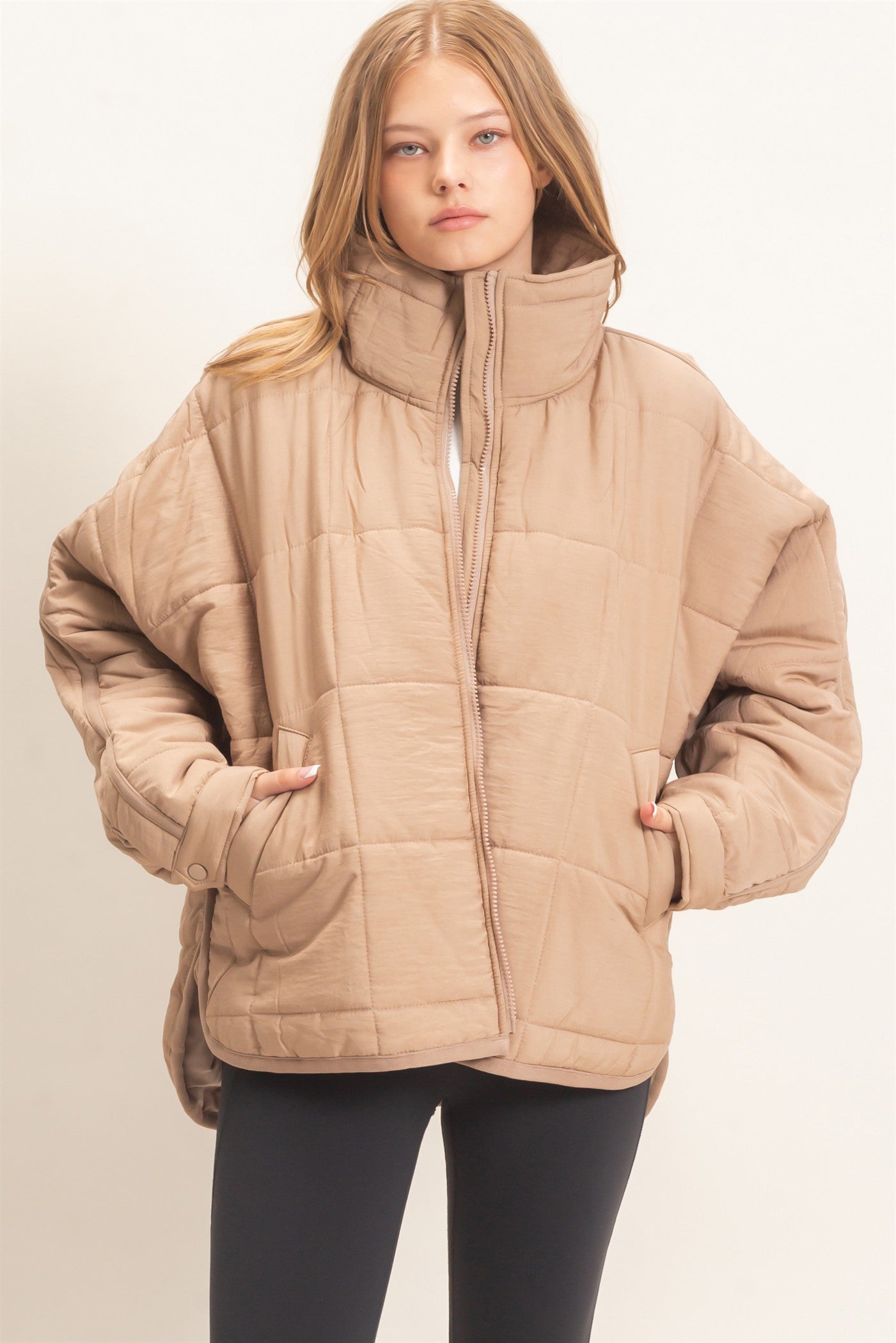 Wholesale Quilted Mock Neck Zip-Up Puffer Jacket Coats & Jackets HF26C865 LIGHT BROWN HYFVE