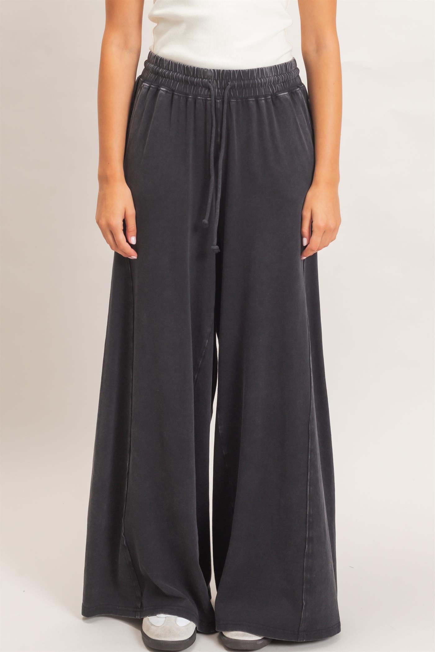 Wholesale Wide Leg Mineral Wash Pants Pants DZ26F406 BLACK DOUBLE ZERO