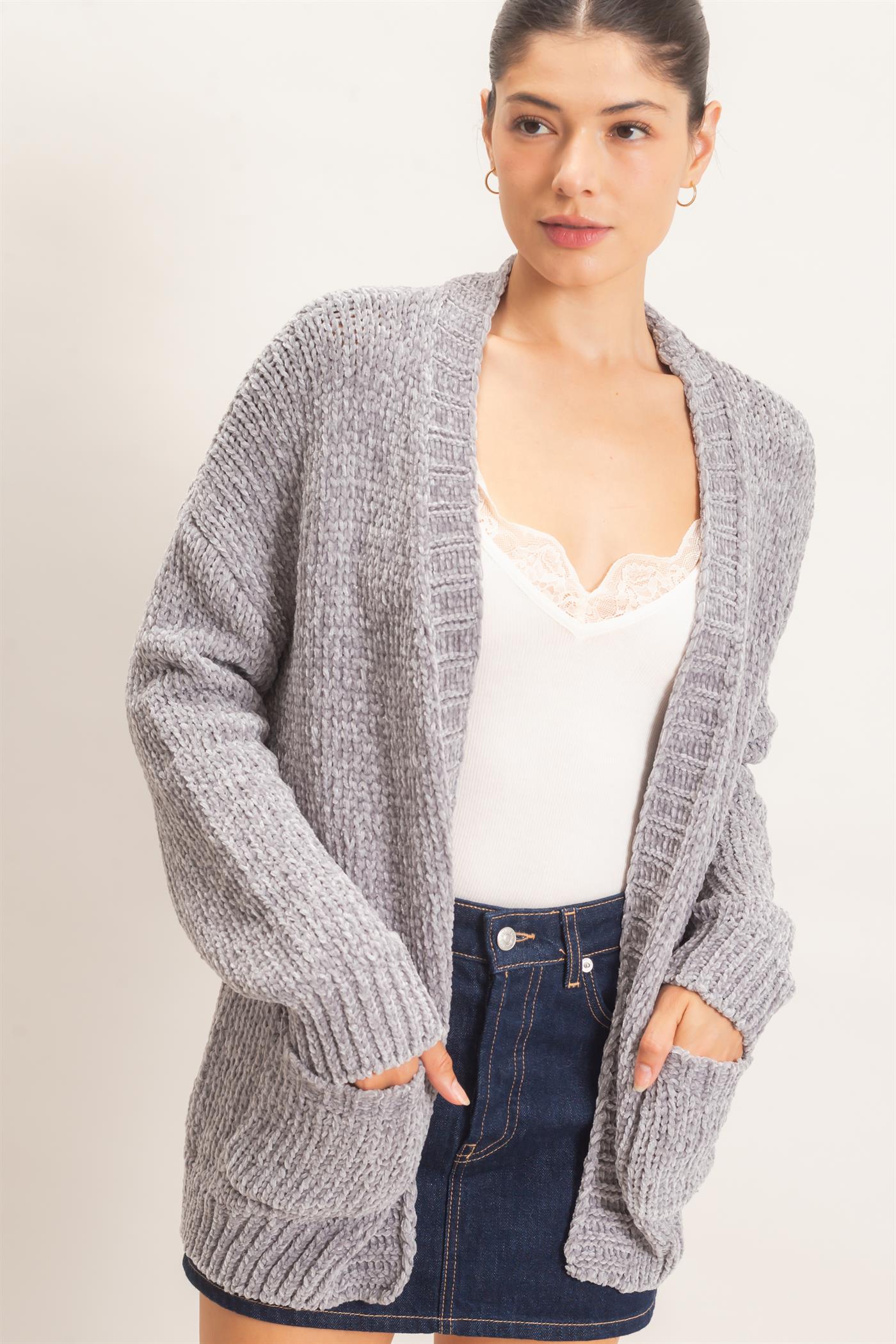 Wholesale Patch Pocket Chenille Cardigan Cardigans HF26E839 LIGHT GRAY HYFVE