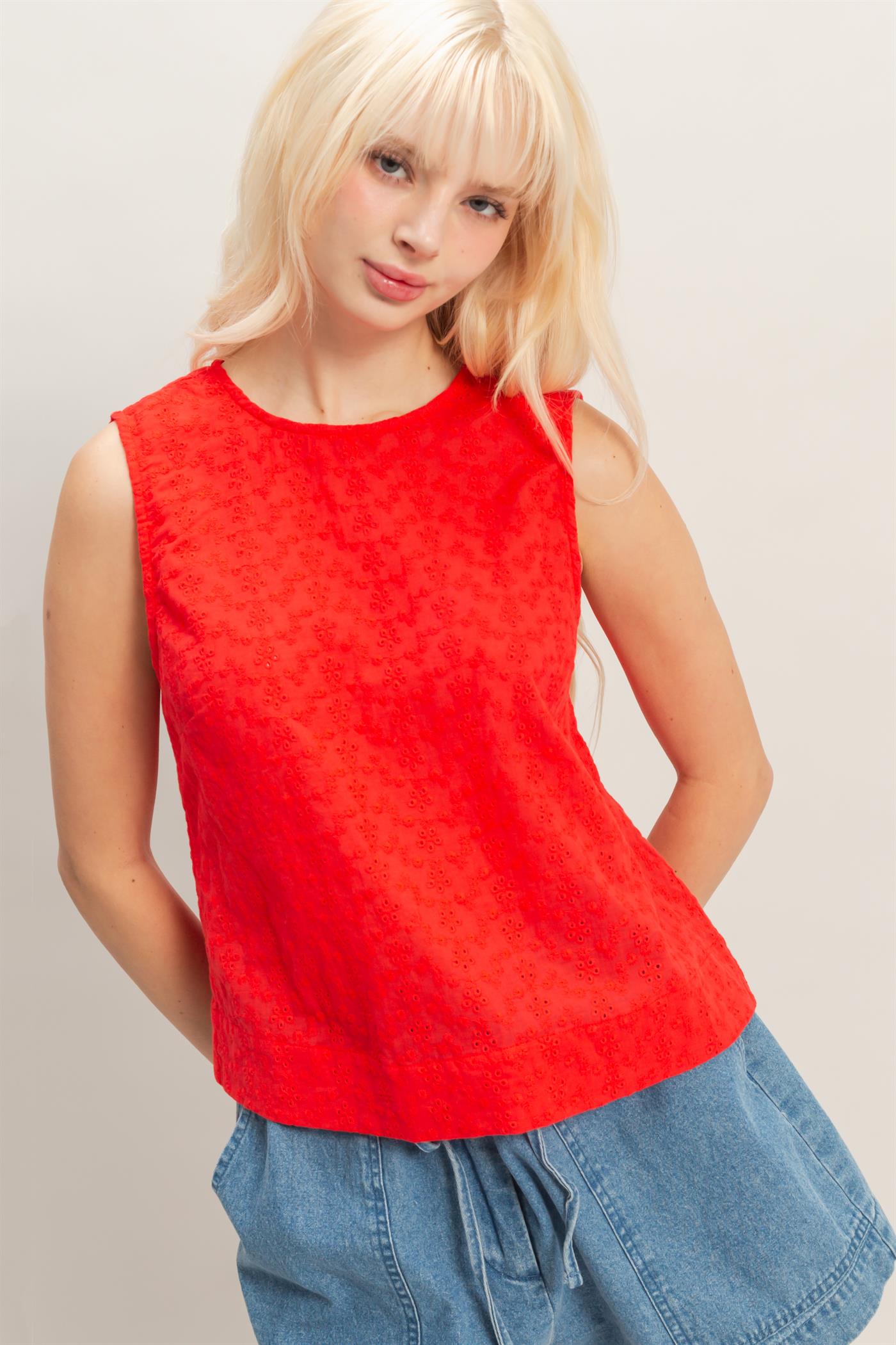 Wholesale Eyelet Sleeveless Top With Back Buttons Clothing Tops DZ26C541 RED DOUBLE ZERO
