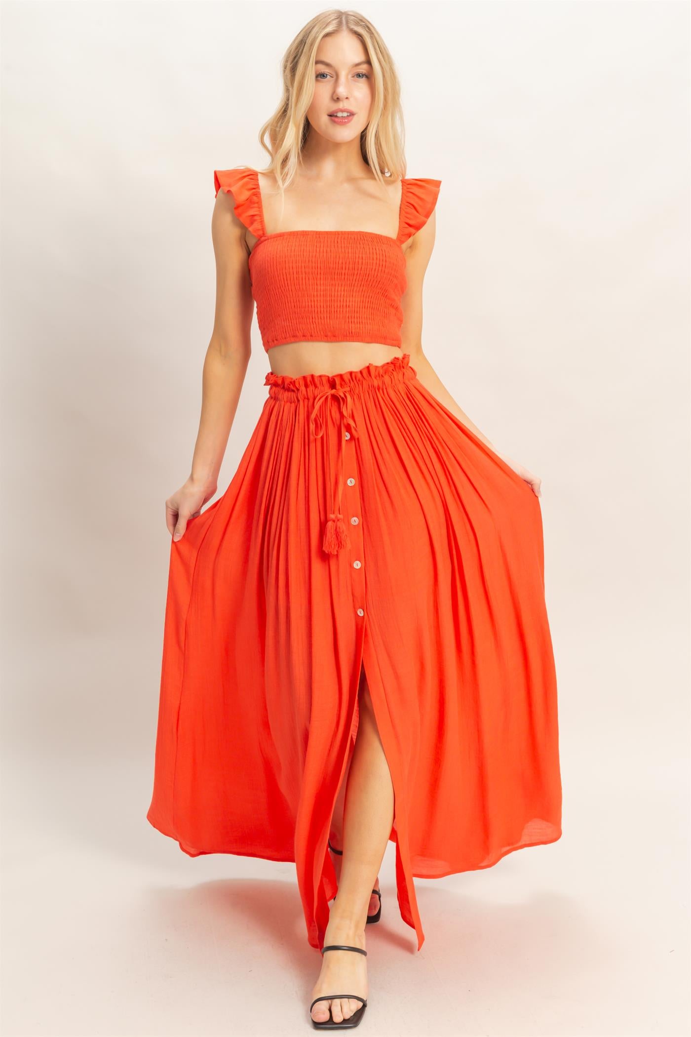 Wholesale Smocked Top & Maxi Skirt Set Clothing HF26C292-SET-D ORANGE RED HYFVE