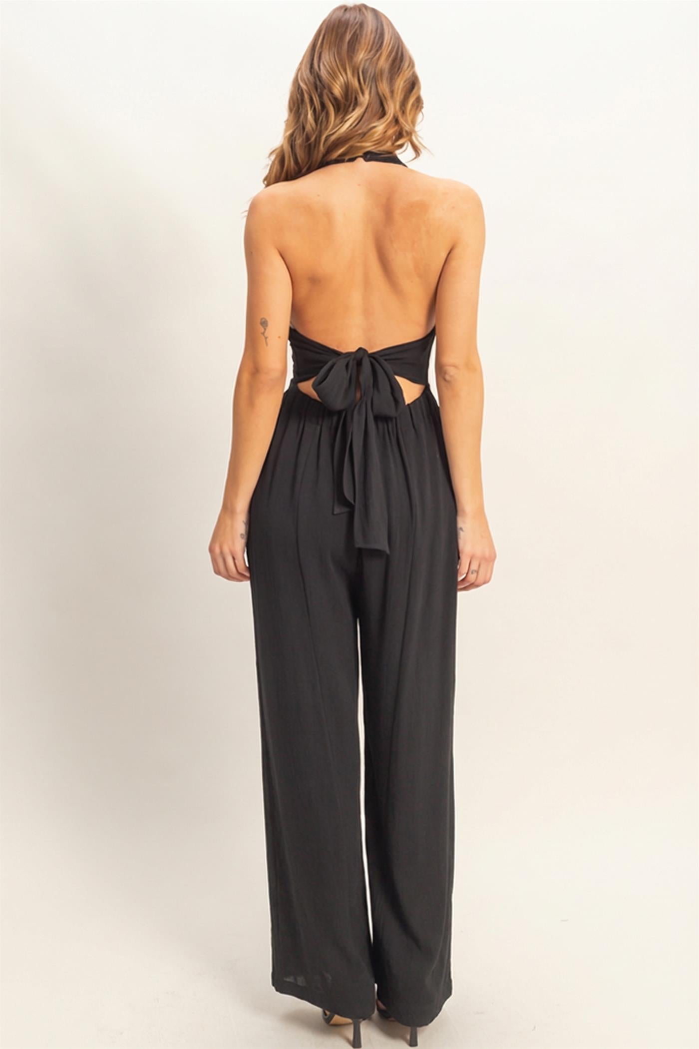 Wholesale Halter Button-Front Jumpsuit Clothing HF26A615-D BLACK HYFVE