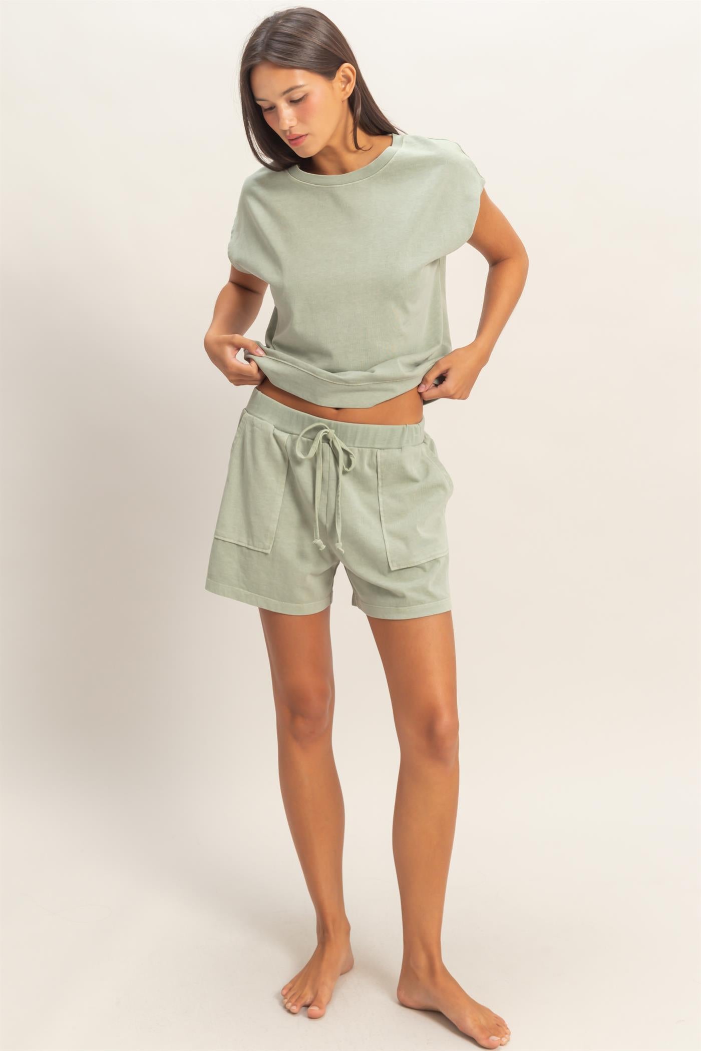 Wholesale Sleeveless Crew Neck Top and Shorts Set Clothing DZ26A028-SET SAGE GREEN DOUBLE ZERO