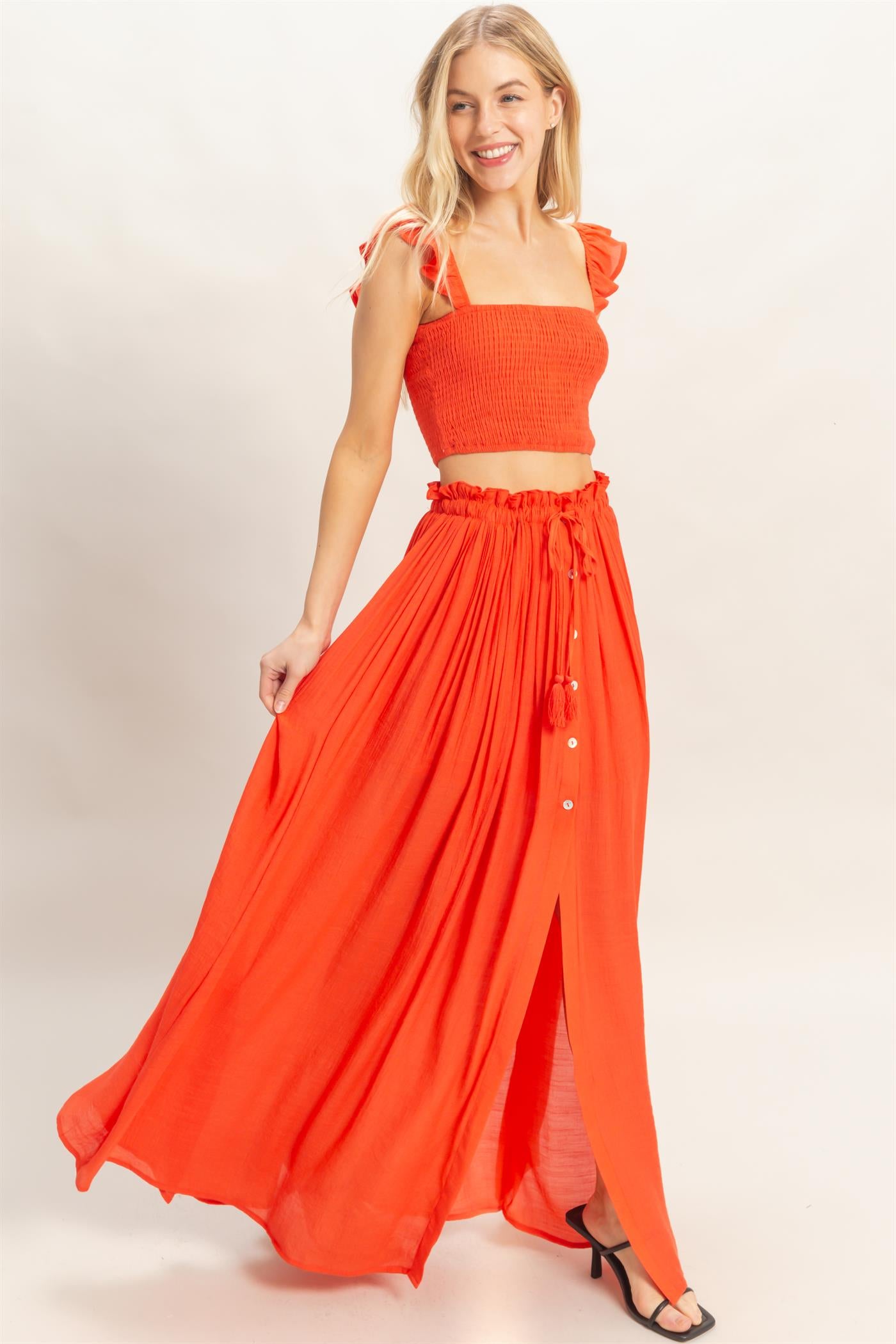 Wholesale Smocked Top & Maxi Skirt Set Clothing HF26C292-SET-D ORANGE RED HYFVE