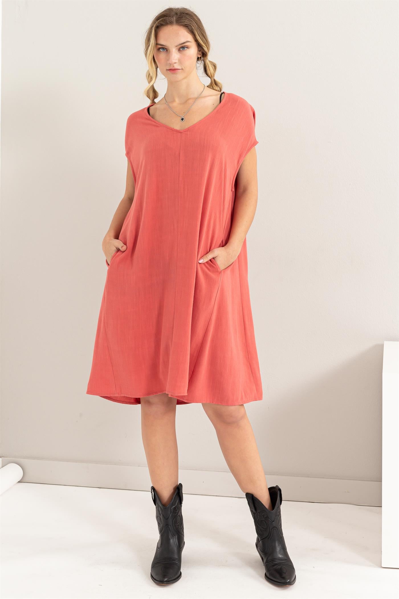 Wholesale V-Neck Oversized Linen Midi Dress Dresses DZ23E033-D BRICK DOUBLE ZERO