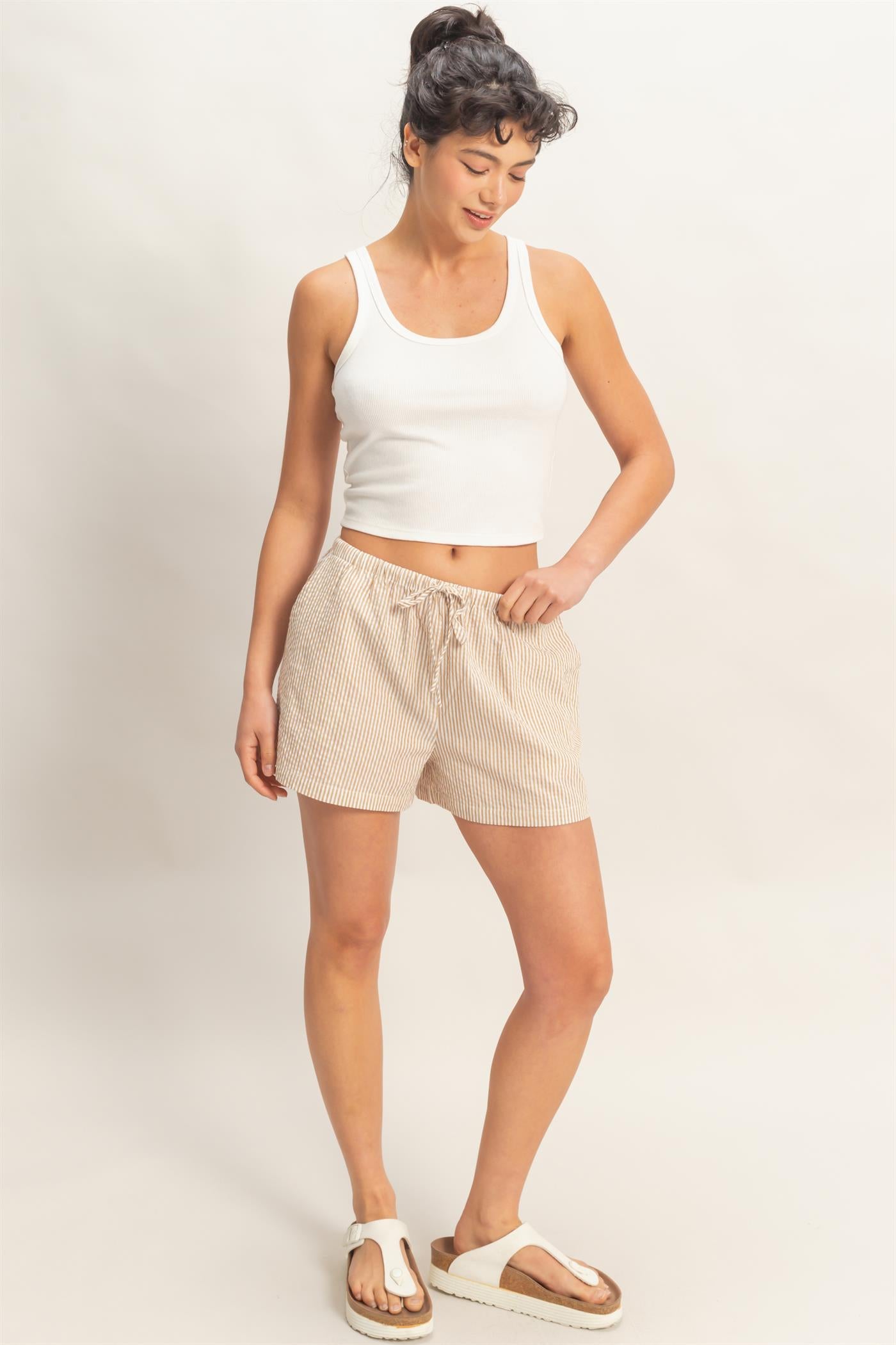 Wholesale Striped Drawstring Waist Shorts Shorts DZ26A747 TAUPE DOUBLE ZERO