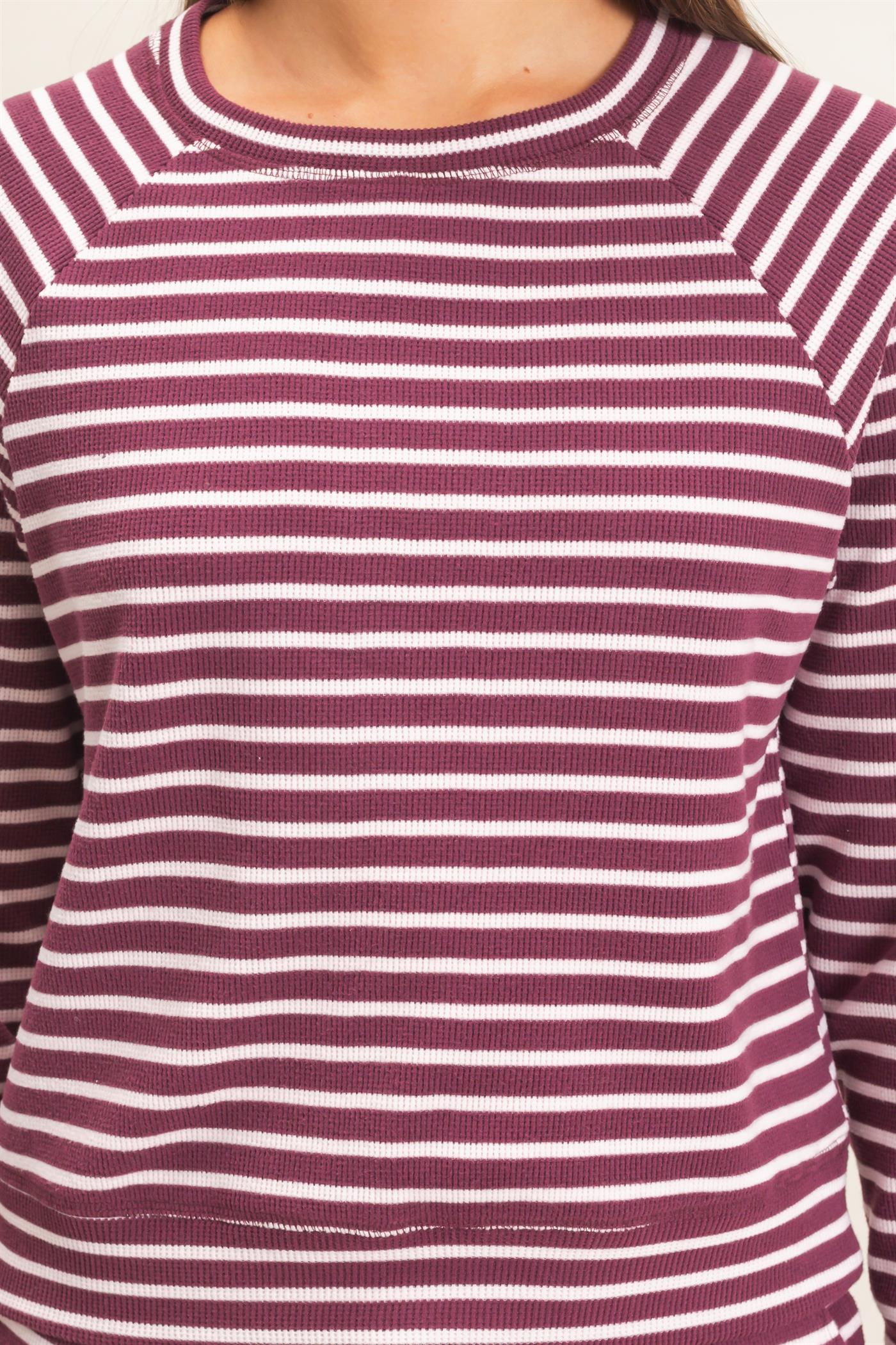 Wholesale Striped Waffle Knit Raglan Top Clothing Tops DZ26E450 DARK CHERRY DOUBLE ZERO