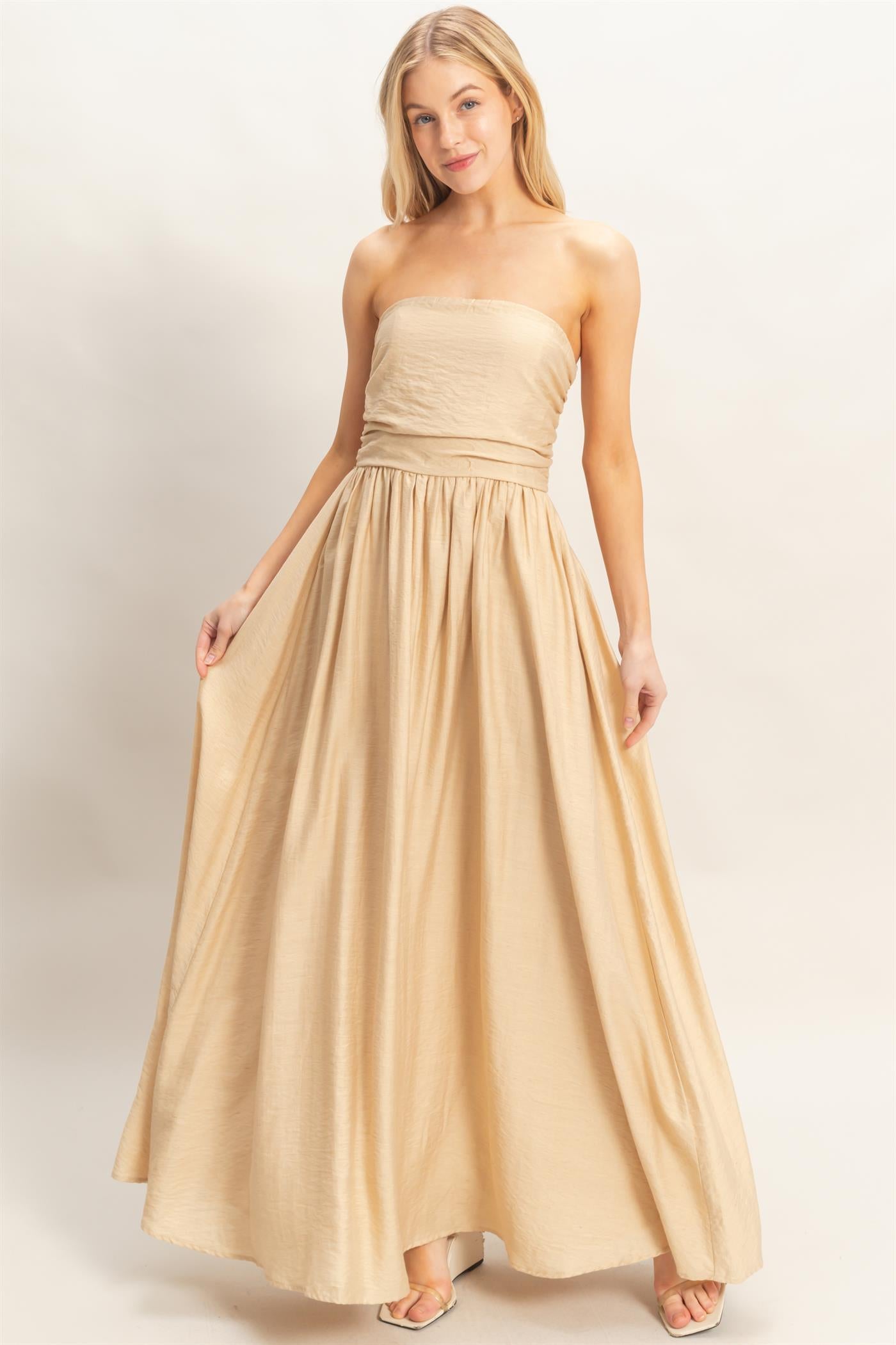 Wholesale Strapless Tie-Back Smocked Dress Dresses HF26C750 LIGHT BEIGE HYFVE