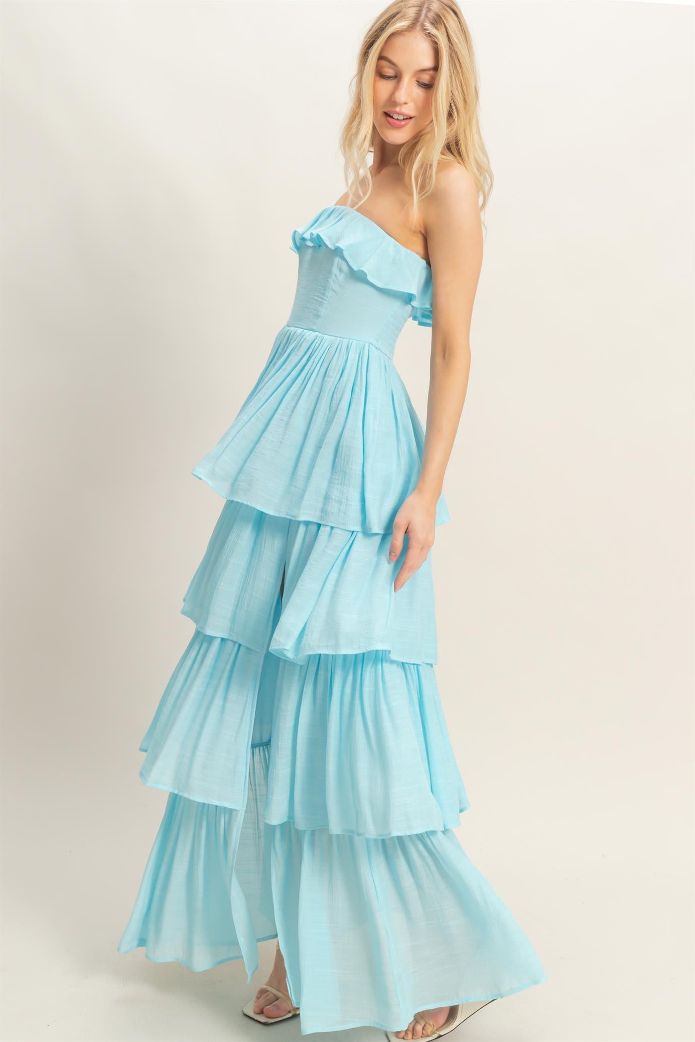 Wholesale Tiered Strapless Ruffle Dress Dresses HF26A616-D LIGHT BLUE HYFVE