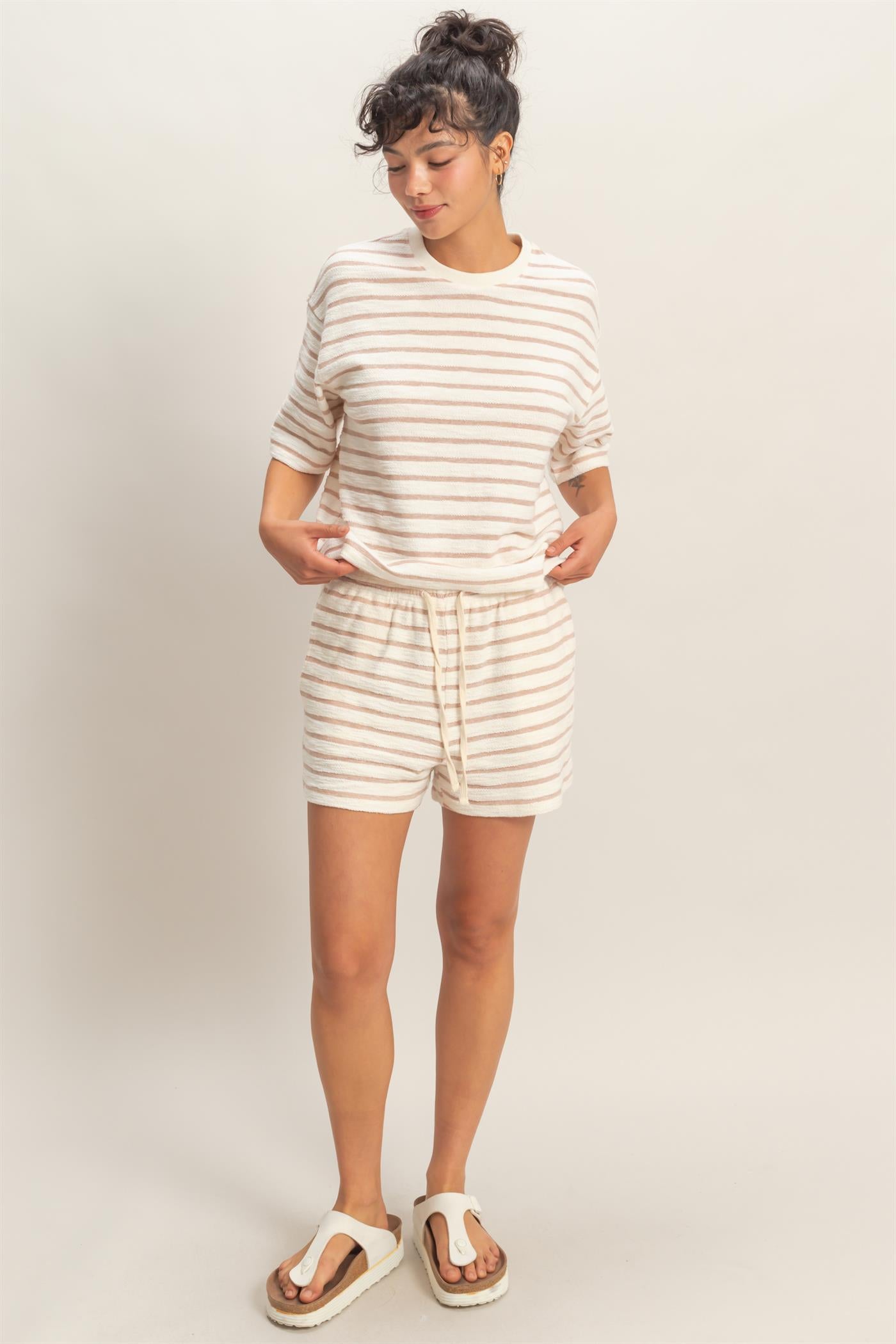 Wholesale Striped Drawstring Waist Shorts Shorts DZ26A753 TAUPE DOUBLE ZERO