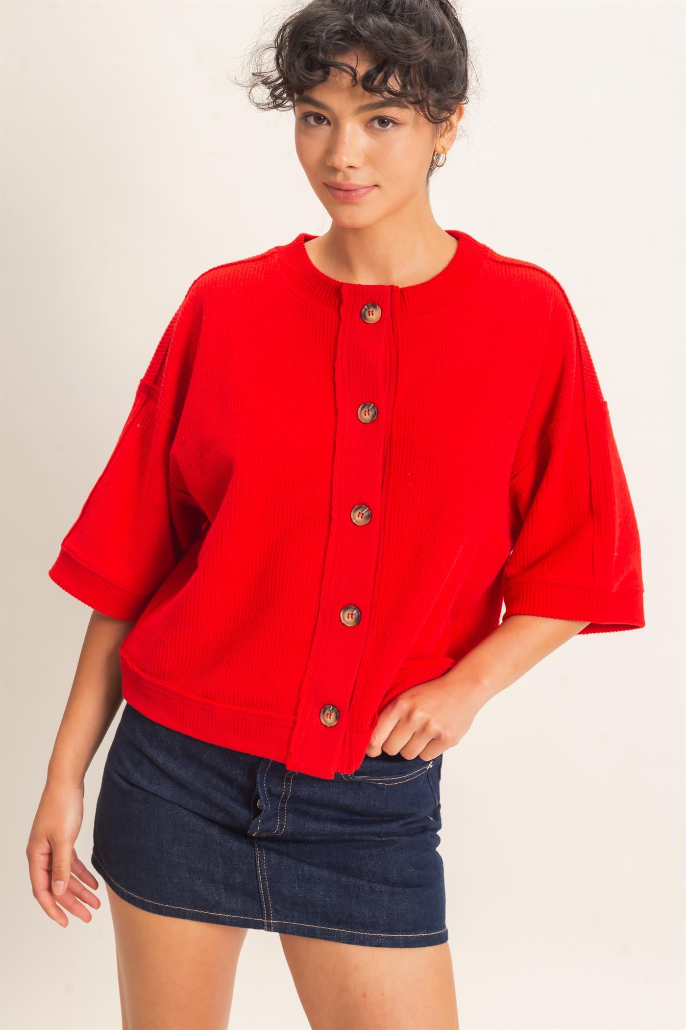 Wholesale Button-Down Short Sleeve Waffle Top Clothing Tops DZ26F244 RED DOUBLE ZERO