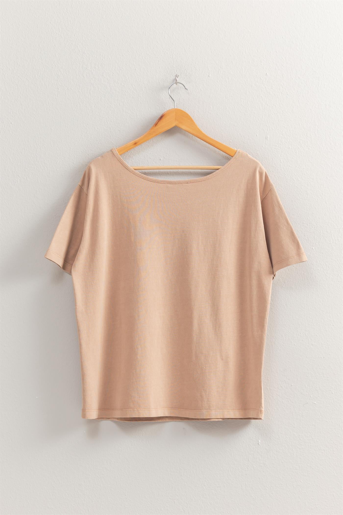 Wholesale Boat Neck Short Sleeve Basic Tee Clothing Tops DZ25E242 DARK TAUPE DOUBLE ZERO